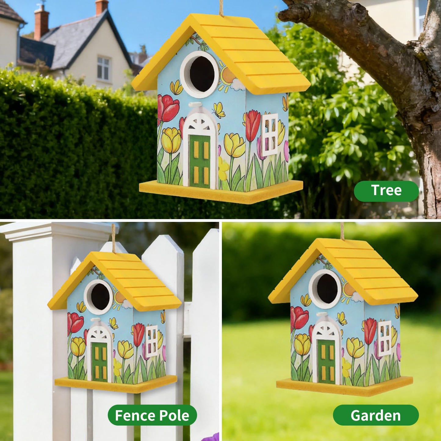 Wooden Bird Houses Bird House for Outside Yellow Wood Bird House for Outdoors,Handmade Painted Tulips Bird Houses for Garden Blue Bird Hummingbird Wren Cardinal Swallow Sparrow Finch Chickadee
