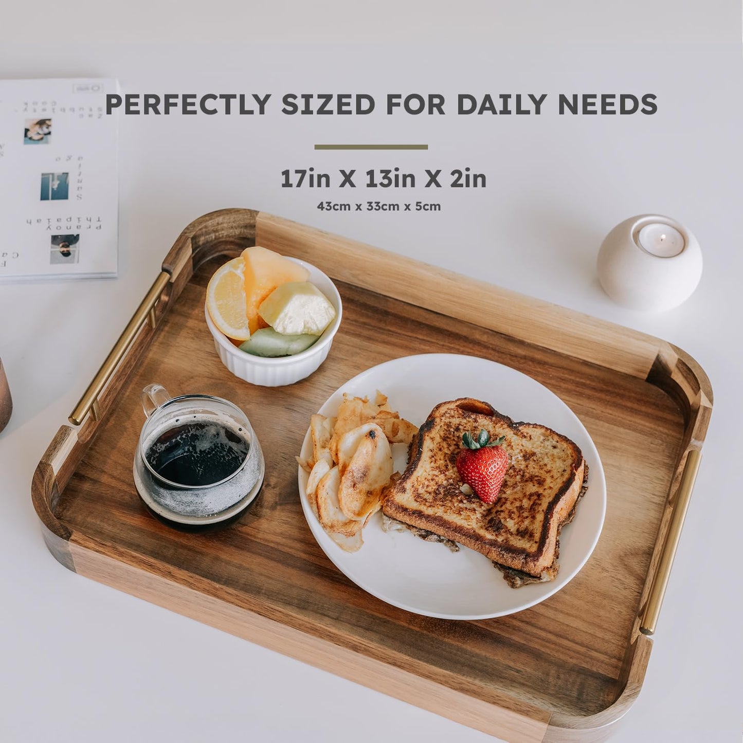 Upper Acacia Wood Ottoman Tray 17x13 Inches with Handles, Decorative Serving Tray for Coffee Table, Breakfast Tray with Anti-Skid Pads