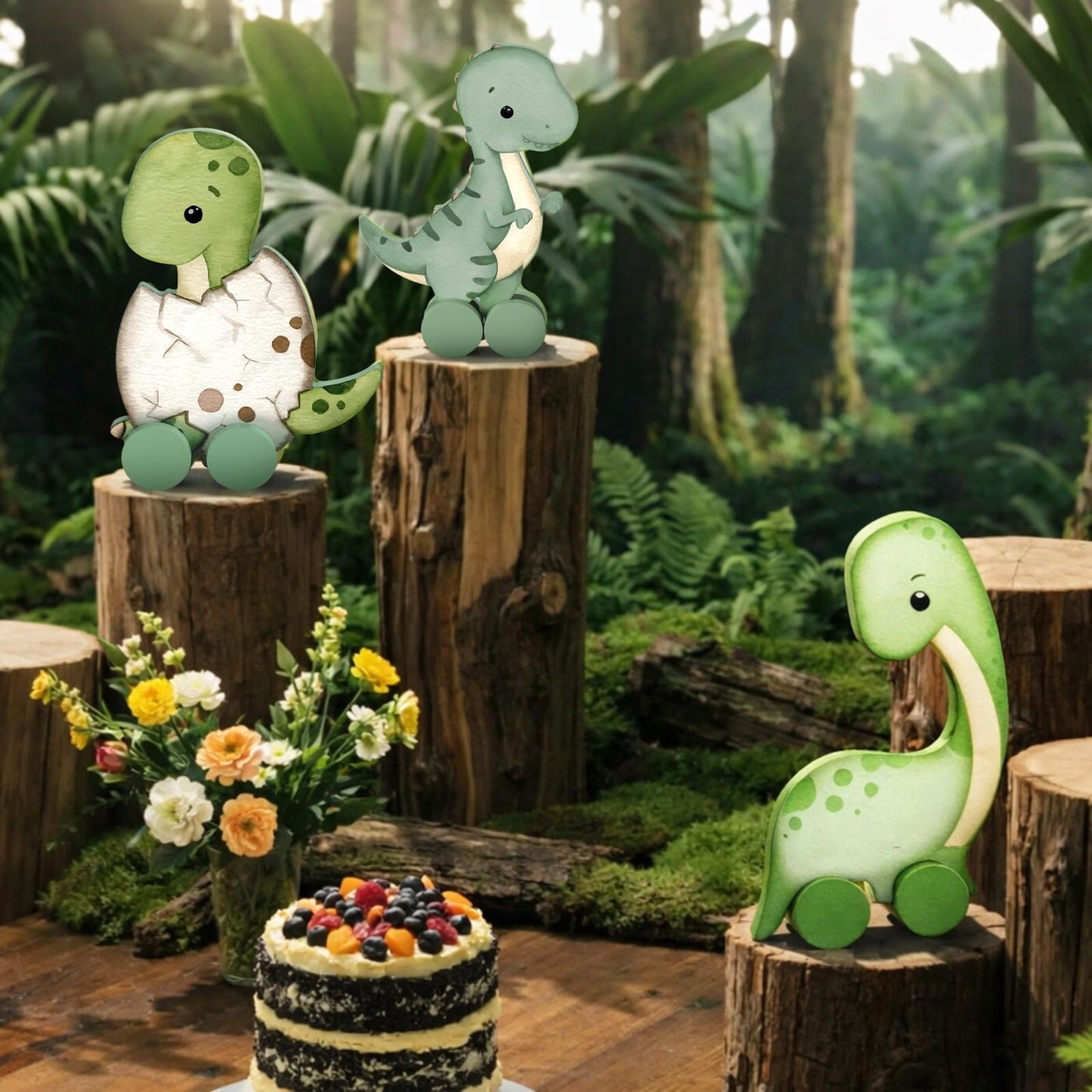 Yinkin 3 Pcs Wooden Dinosaur Baby Shower Table Decorations Rustic Baby Dinosaur Shower Figurines with Wheels Spring Table Centerpiece for Home Office Tiered Tray Decor