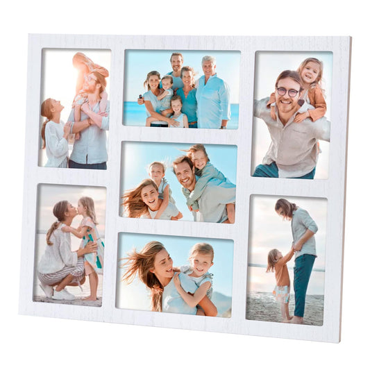 Donmills 7 Openings Photo Collage for Wall Decor, 4x6 Picture Frame Collage for Wall Mounting or Tabletop, Wooden Multiple Photo Frame Display 4x6 Pictures for Desk, Office, Living Room, White