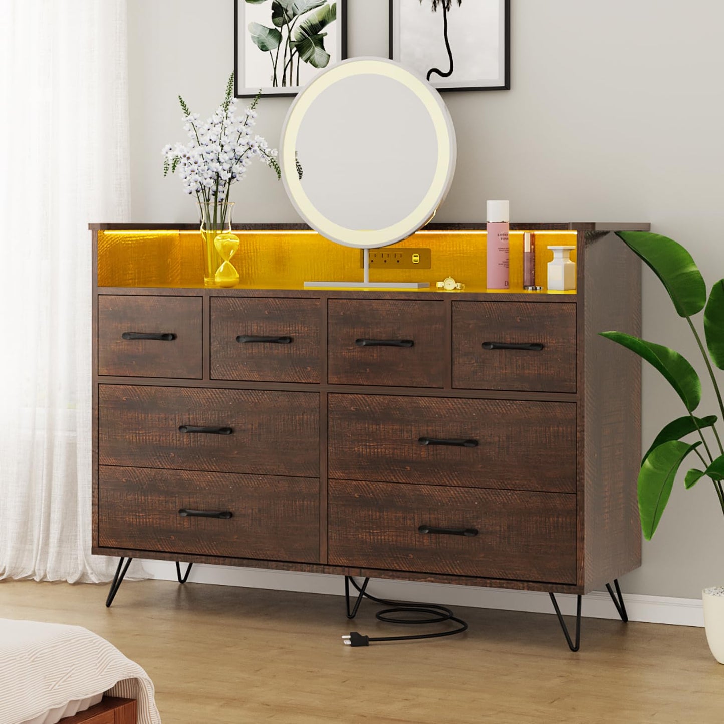 Hetoy Wooden Dressers for Bedroom with 8 Storge Drawers & LED Lights and Charging Station, Brown Wood Chest of Drawers, Modern Deep Drawers Organizer for Closet, Living Room Hallway, Entryway