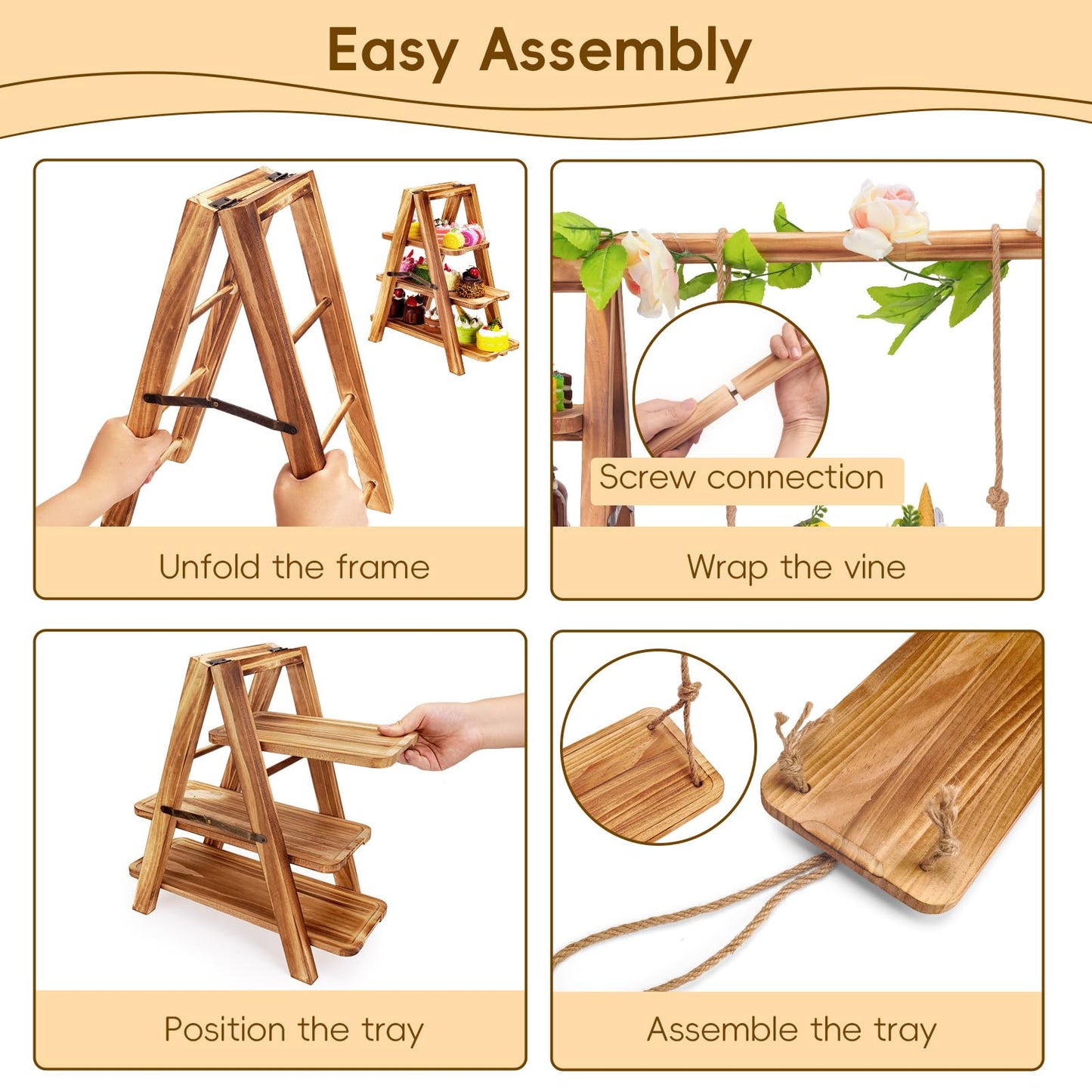 Wooden 3 Tier Cupcake Stand with Artificial Flower Vine Hanging Swing Trays Foldable & Removable Design for Birthday Wedding Catering Baby Shower Party