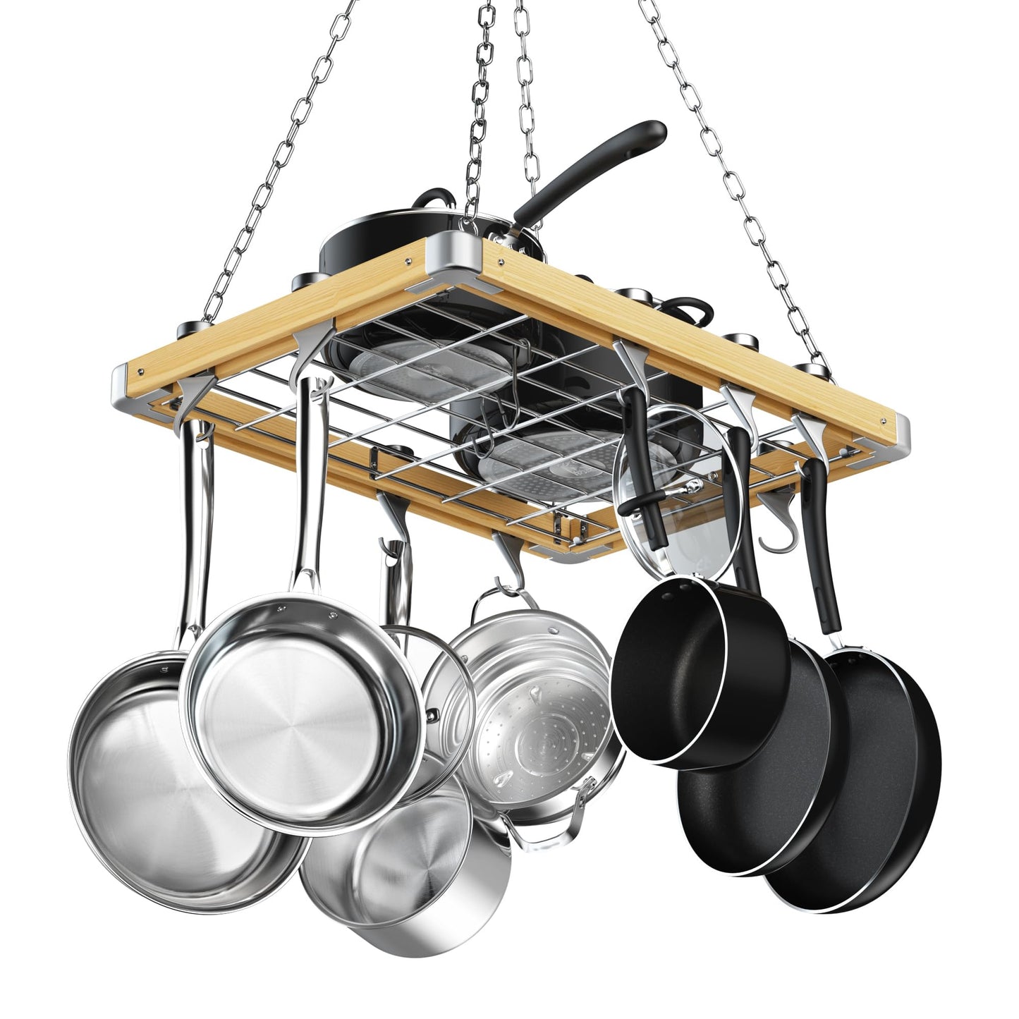 Cooks Standard Classic Ceiling Wood Pot Rack, 24x18 Inch Heavy Duty Hanging Cookware Organizer with Metal Grate & Solid Cast Aluminum Hooks, Movable Tracks Design