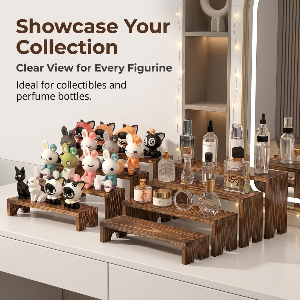 FUSHITON 8Pcs Wooden Display Risers Set, Solid Wood Tiered Stand for Perfumes, Jewellery, Collectibles, Cosmetics, Cupcakes and Party Food Display