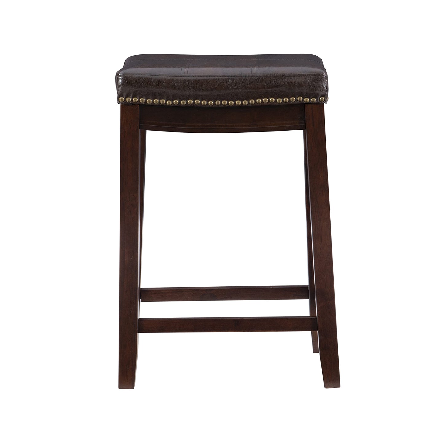 Linon Kingston Brown Wooden Backless 26.5 Inch Seat Height Counter Stool with Brown Faux Leather Upholstered Seat and Nailheads