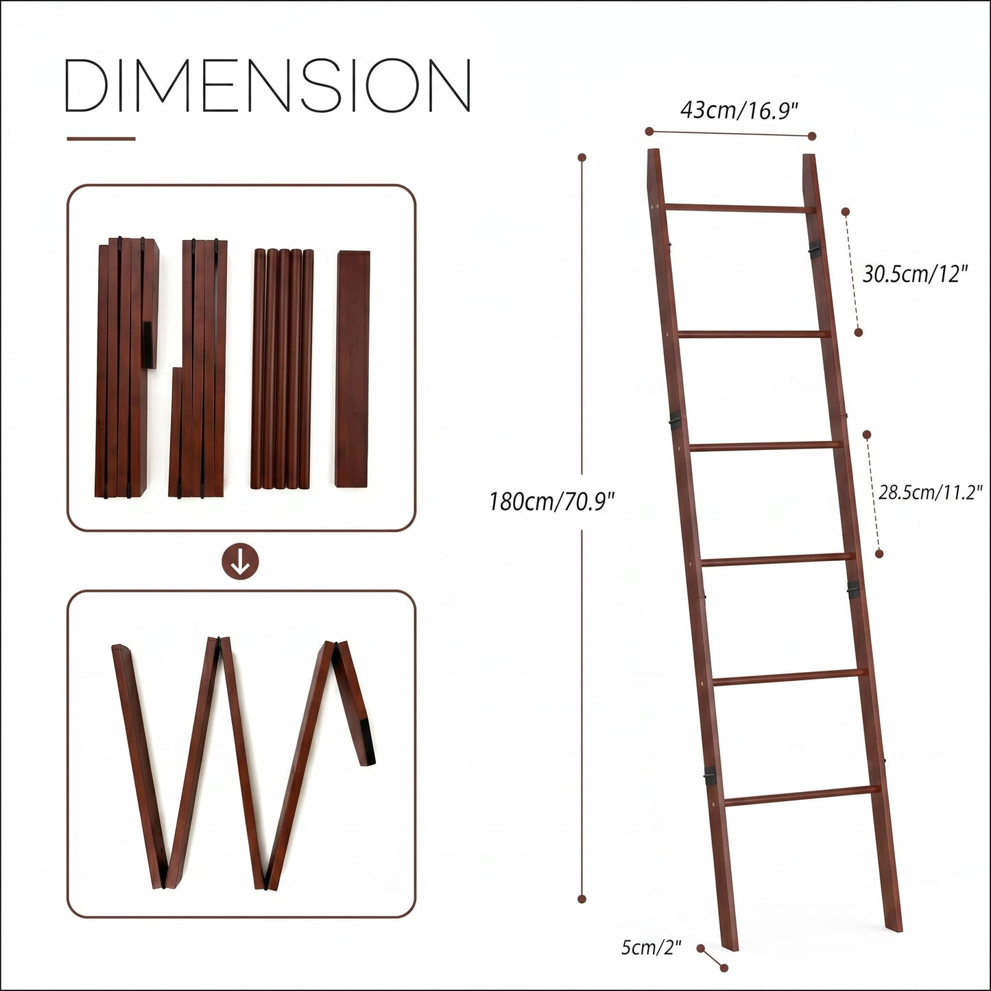 Plusinthebox 6 Tier Brown Blanket Ladder with Shelf, Wooden Blanket Rack for Living Room, Leaning Towel Ladder Rack for Bedroom, Bathroom, Quilts, Throws, Towels and Farmhouse Décor