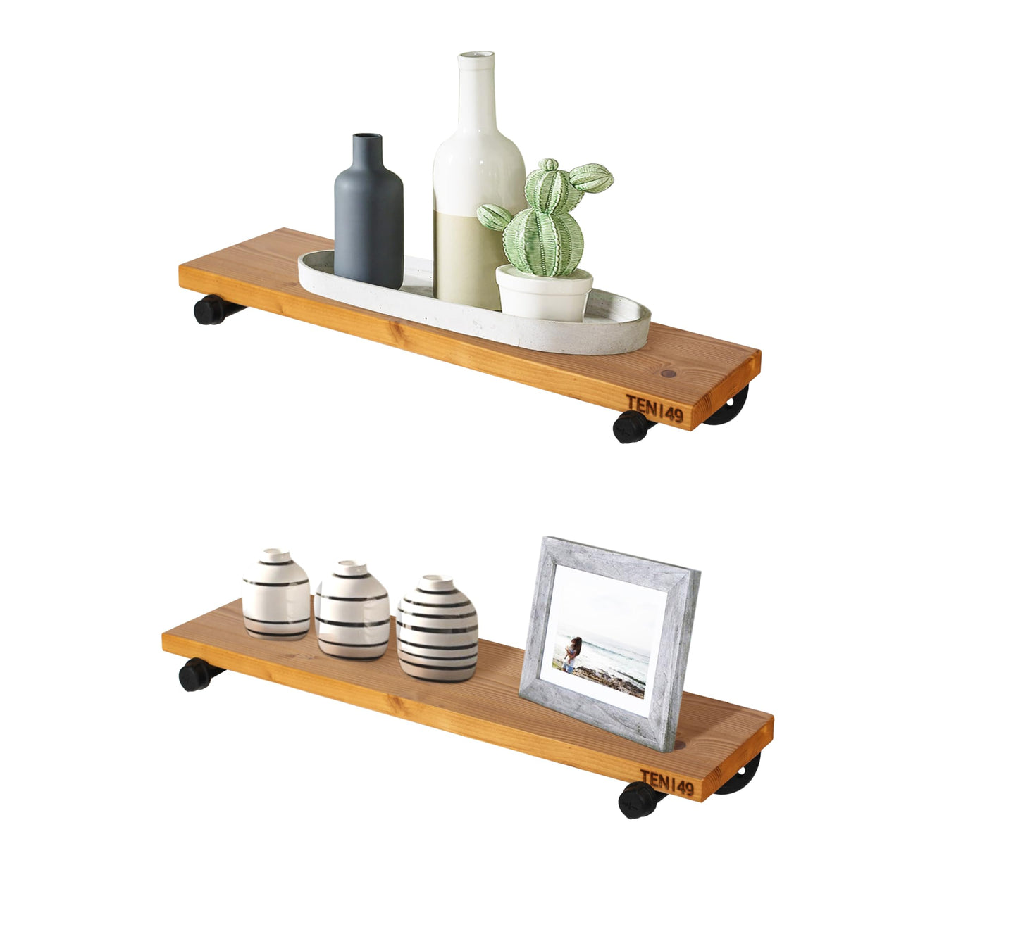 TEN49 Real Wood Rustic Floating Shelves Wall - 24 Wide Small Wooden Industrial Pipe Shelving - Farmhouse Pipe Wall Shelves Furniture Bathroom Decor Art Shelf Kitchen - Light Walnut Color - Set of 2