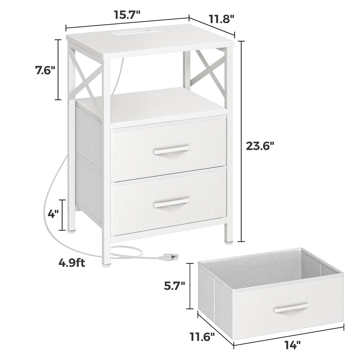 Huuger Nightstands Set of 2, Night Stand with Charger Station, 2 Drawer Side Table with Open Shelf, USB-C Port, End Table for Small Spaces, X Shaped Side Rail, White