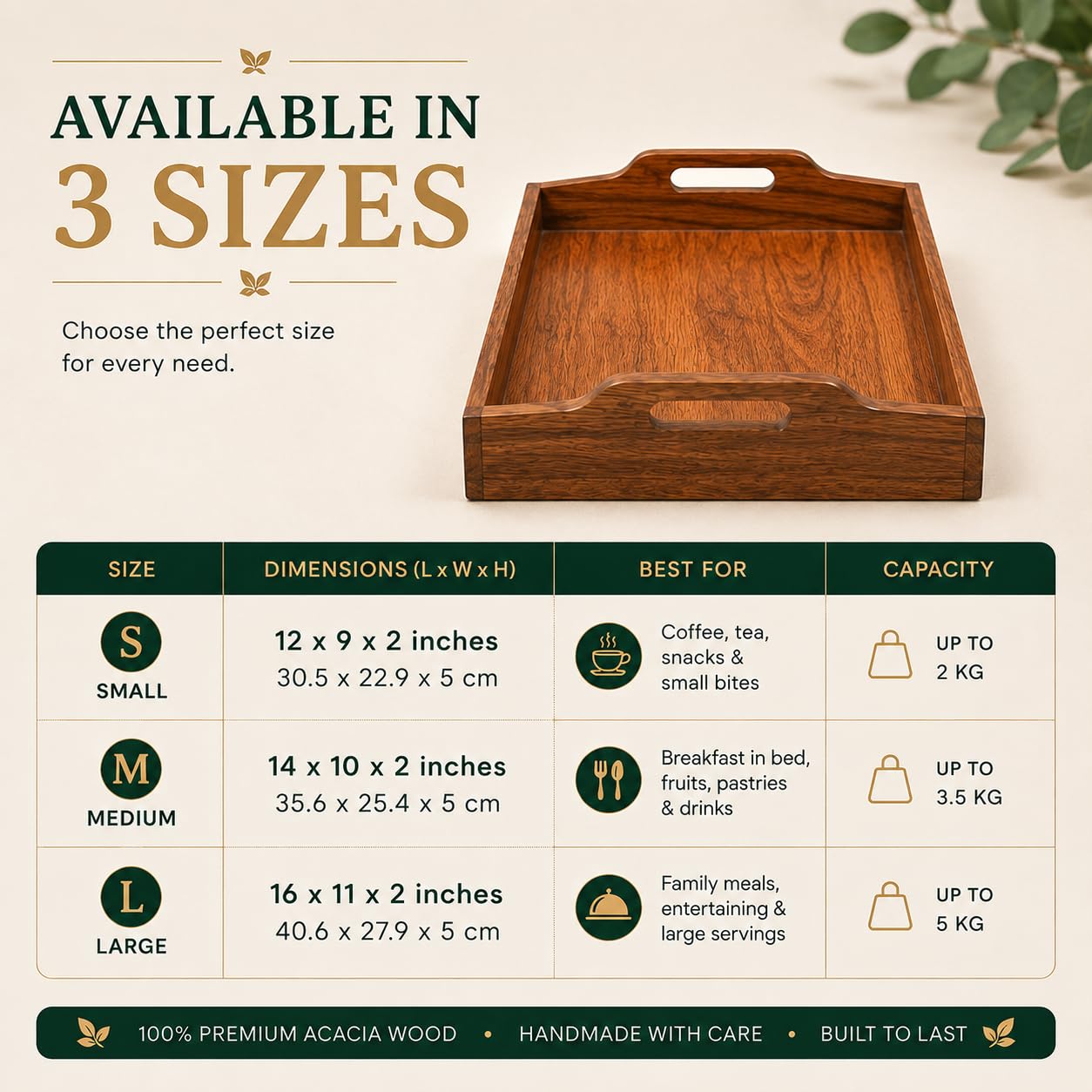 WEBHUSHI Acacia Wood Serving Tray - 16 Inch Brown Wooden Tray with Natural PU Coating for Kitchen and Dining