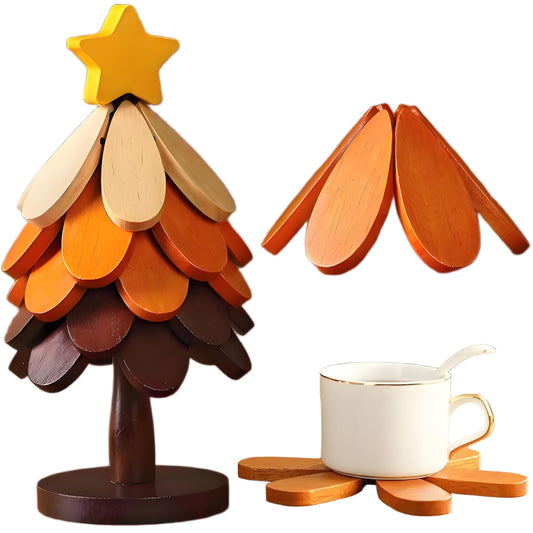 Table Decor Coaster, Tree Trivet Wooden Tree Coasters Christmas Tree Coasters Set of 5,Foldable Kitchen and Restaurant Wooden,for Hot Dishes、Pot、Bowl、Teapot、Hot Pot Holder (Star)