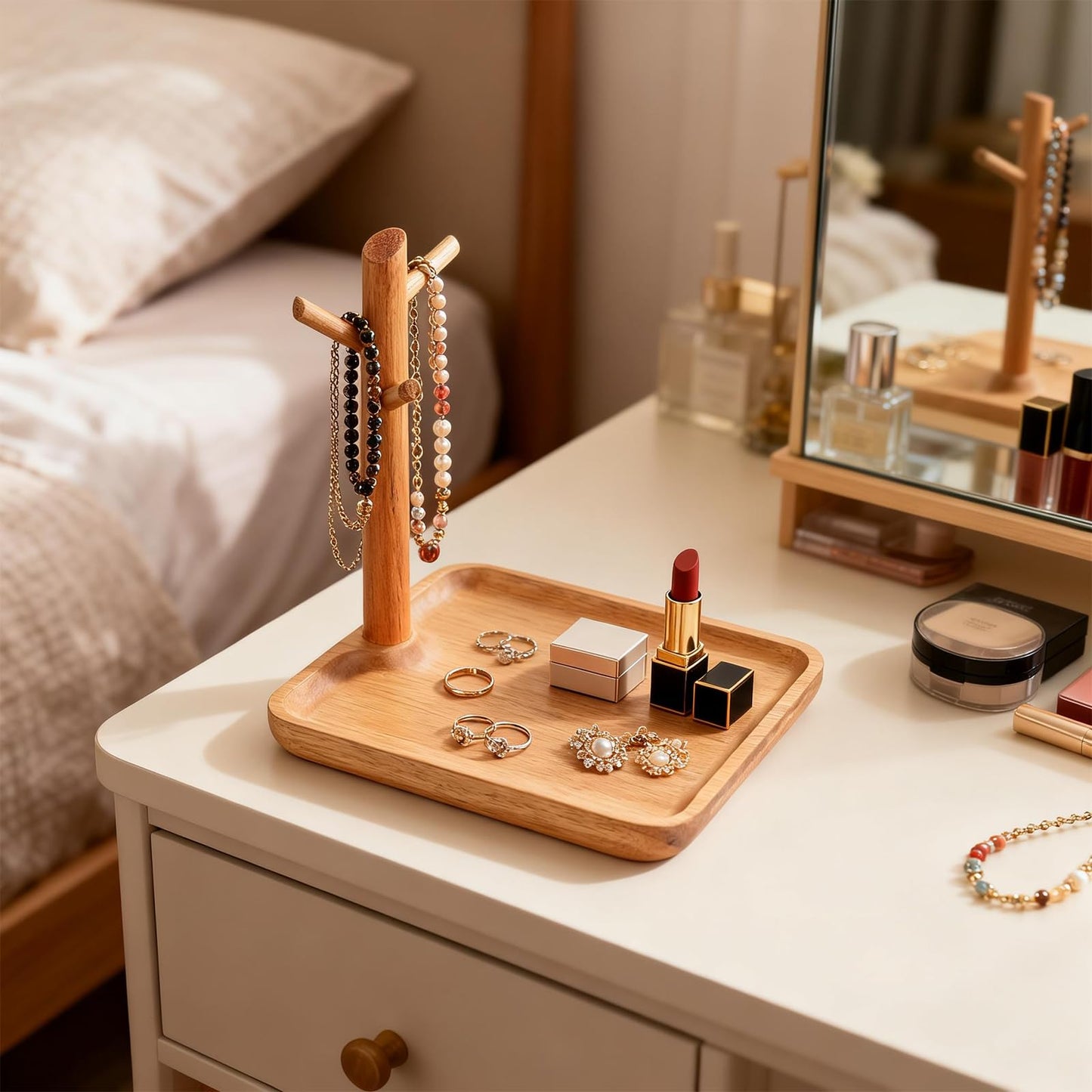 E-ROOM TREND Acacia Wood Key Tray for Entryway Table, Wooden Catchall Organizer with Jewelry Storage Rack, Valet Tray for Keys Wallet Watches Sunglasses Rings(Square)