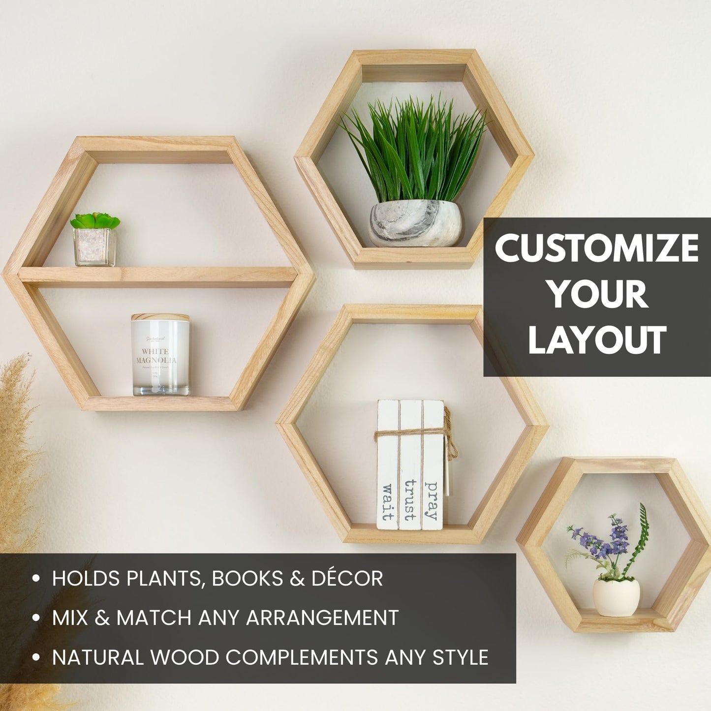 LABEND HOME Hexagon Floating Shelves Set of 4 - Solid Wood Wall Mounted Shelves - Honeycomb Geometric Display Shelves for Living Room, Bedroom, Kitchen - Natural Wood Finish -Includes Hardware & Level
