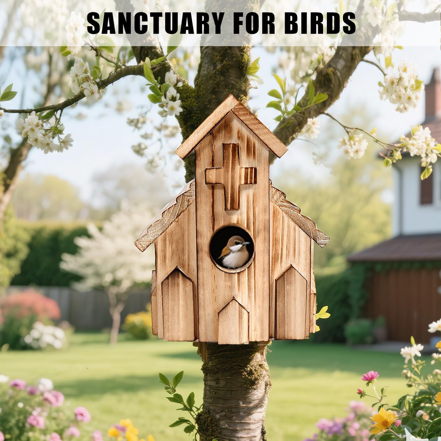 NATUREYLWL Church-Shaped Wooden Birdhouses, Cross Design Bird Houses for Outside, Hanging Birdhouse for Bluebird, Robin, Cardinal, Sparrow, and Finch, Bird Nesting Box for Outdoor Garden Decoration
