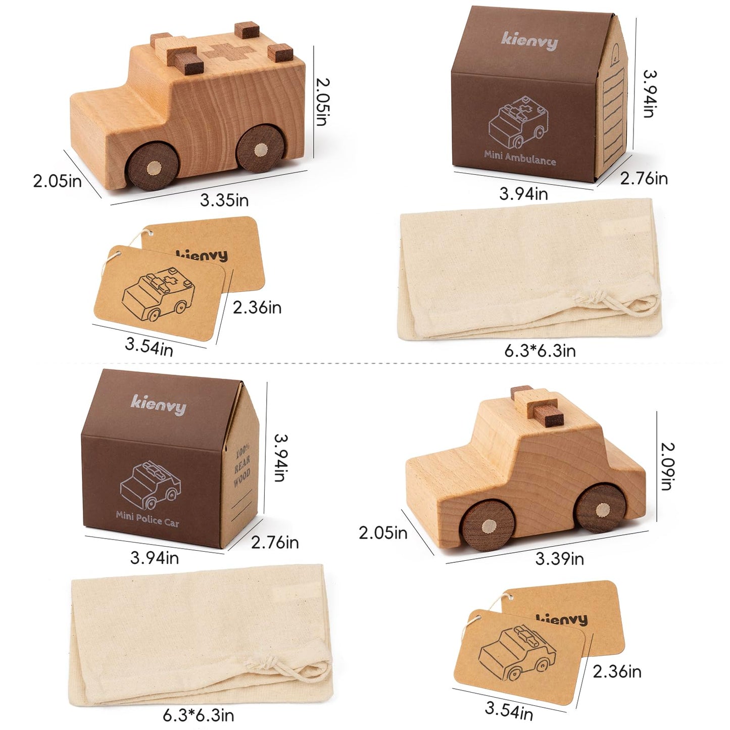 kienvy Wooden Toy Cars for 3 Year Old Boys & Girls - Construction Vehicles Set Push Toys for Toddlers, Wood Montessori Car with Rolling Wheels, Natural Wood Toys (Ambulance & Police Car)