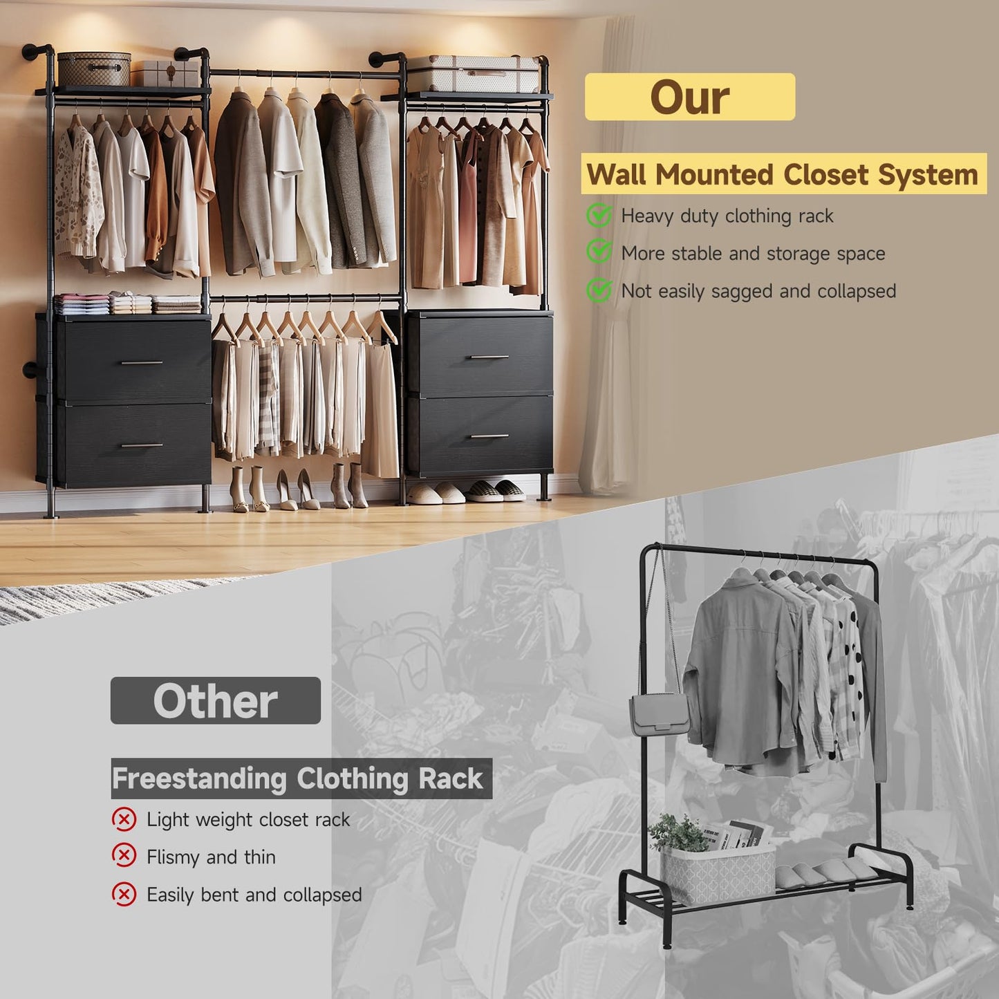 ONBRILL T4 Wall Mounted Closet System, Industrial Pipe Clothing Rack with 8 Wooden Shelves, 4 Drawers & 4 Hanging Rods (2 Expandable), Modular Heavy Duty Closet Organizers and Storage System (Black)