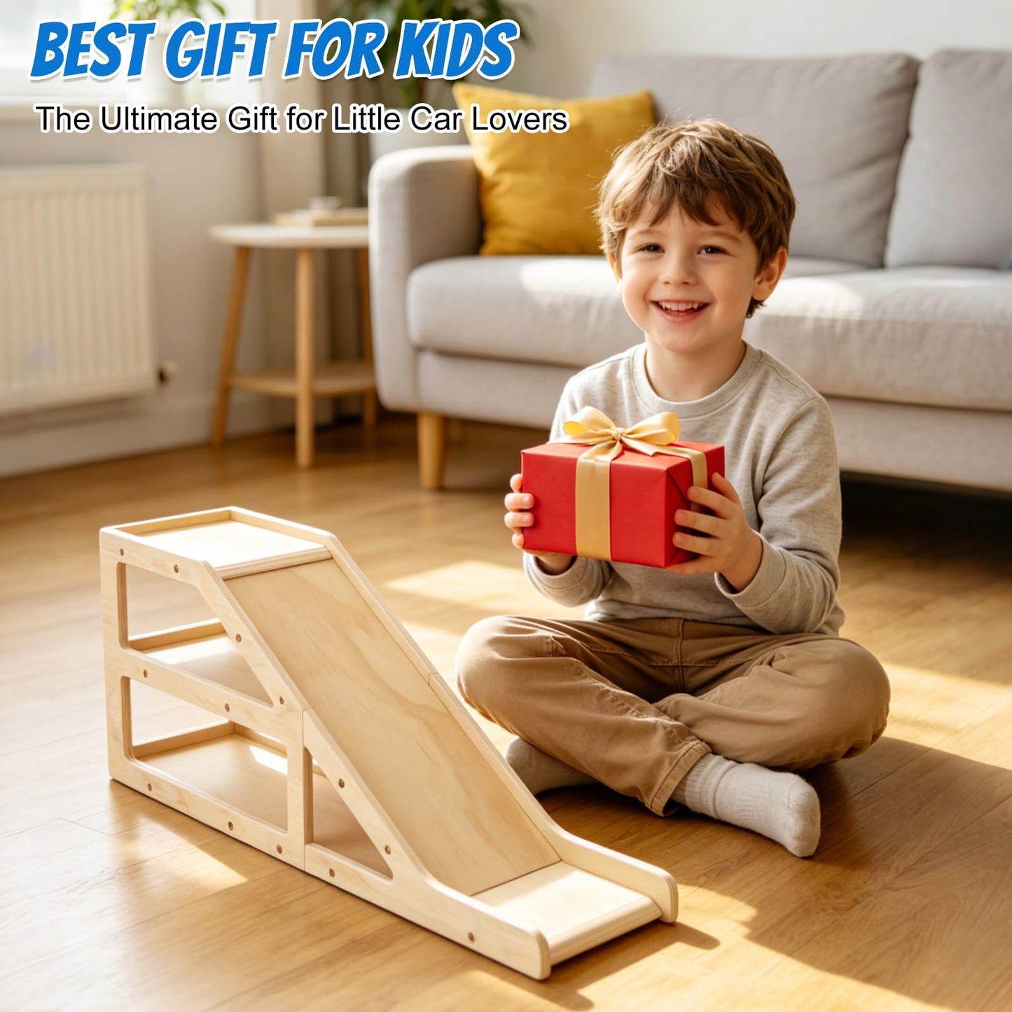 Wooden Toy Car Garage Display Case and Parking Rack with Ramp - 3-Tier Toy Car Storage Shelf Holds 60+ 1/64 Scale Diecast Cars - DIY Paintable Wooden Organizer Compatible with Hot Wheels & Matchbox