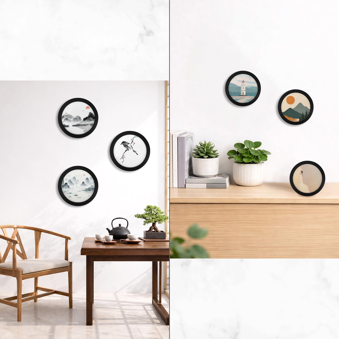 3Pcs Round Picture Frame 8 Inch – Black Wooden Circular Frames for Art, Photo, Canvas, Wall Decor, Tabletop Display or Hanging Mounting Set for Home, Office, Kitchen, Gallery, Wedding Table Holder