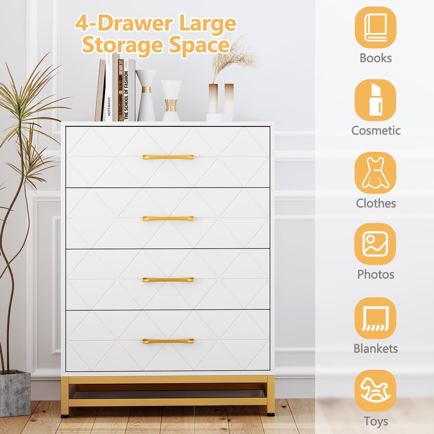 GarveeHome Wooden Dresser for Bedroom, Dressers & Chest of Drawers with 4 Drawer, Wood nightstand for Storage and Organization (White)