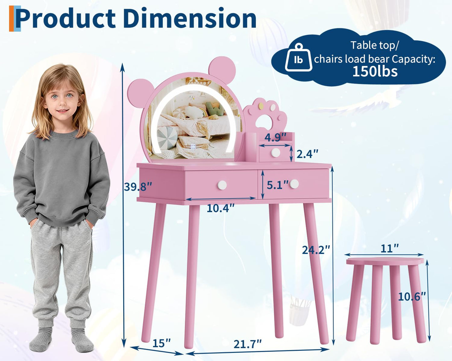 Garvee Toddler Vanity Set with Lights,Bear-Shaped Make Up Vanity Desk with Mirror&Stool,Wooden Princess Toddler Make Up Table Set for Bedroom,Pretend Play Vanity Sets for Little Girls(Pinks)