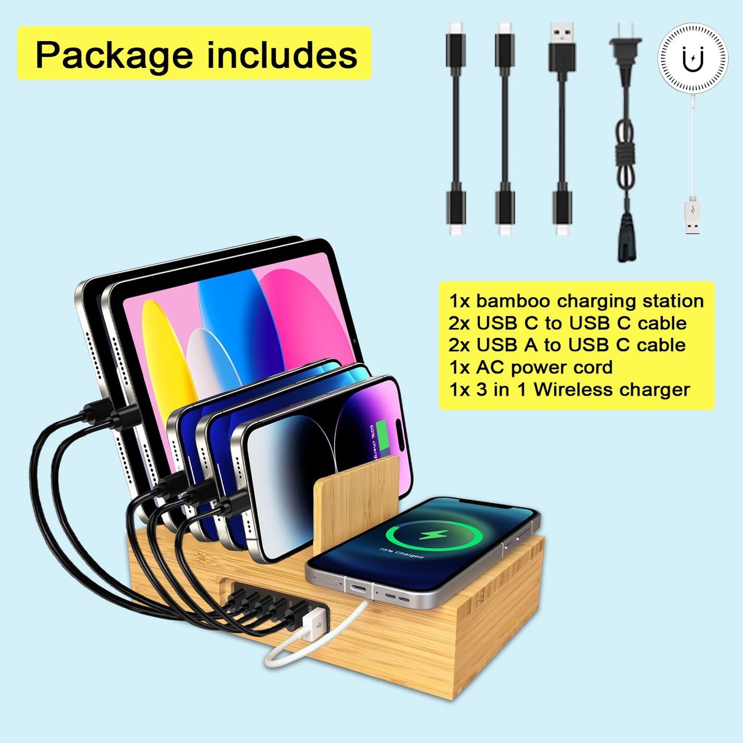 Xunhonom 6 Port USB Charging Station for Multiple Devices PD 100W Bamboo Charging Station Organzier with Detachable 15W 3 in 1 Wireless Charger Station for iPhone Android Apple Watch AirPod Tablet