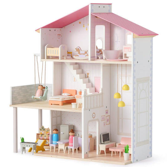 SainSmart Jr. Wooden Dollhouse for Girls, Modern Family Doll House with 37Pcs Furniture & Accessories, 3-Story Pretend Playhouse Toy Gift for Kids Ages 3+