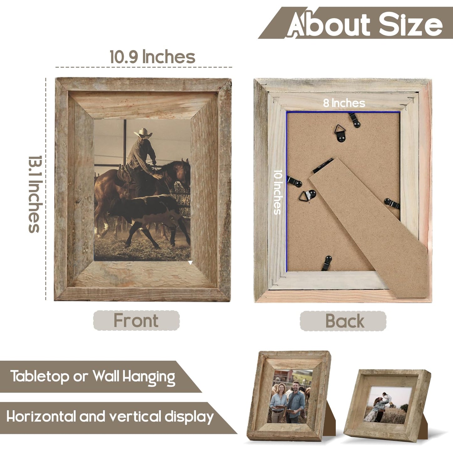 NWDCLF Rustic 8x10 Picture Frame, Reclaimed Barnwood Photo Frame with Real Glass, Distressed Natural Wood Frame for Wall and Tabletop Display, Farmhouse Country Home Office Cabin Décor