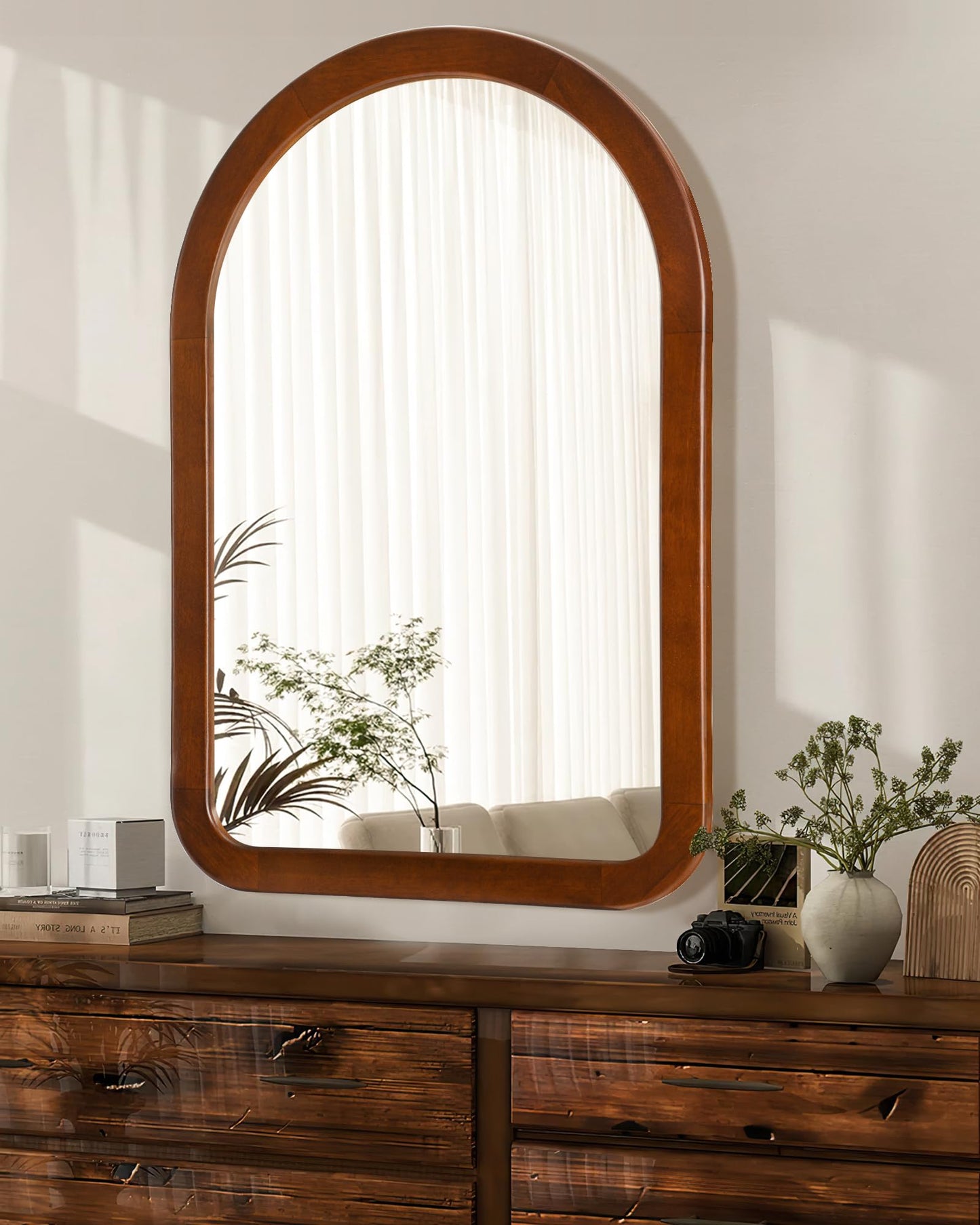 Arched Mirror 24 x 36 Inch,Walnut Brown Wood Rustic Bathroom Tempered Wall Mirror with Wood Frame,Round Corner Arch Farmhouse Wooden Vanity Mirror for Living Room,Entryway or Bedroom