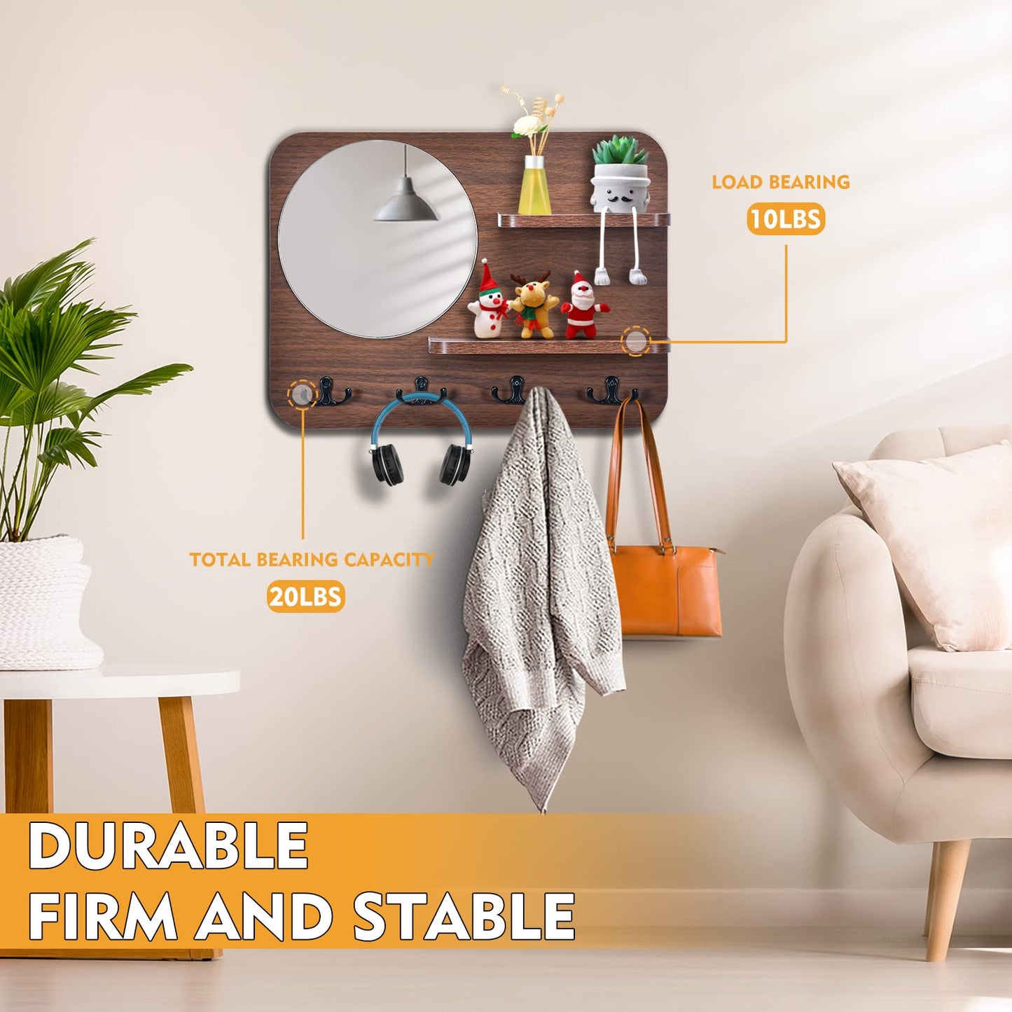 YeadCedle Coat Rack with Shelf Rustic Wooden Wall Mounted Hanging Coat Rack with Mirror Shelves and 4 Double Hooks Decorative Entryway Hook Shelf for Hallway Living Room Bedroom 16"x12" (Brown S)