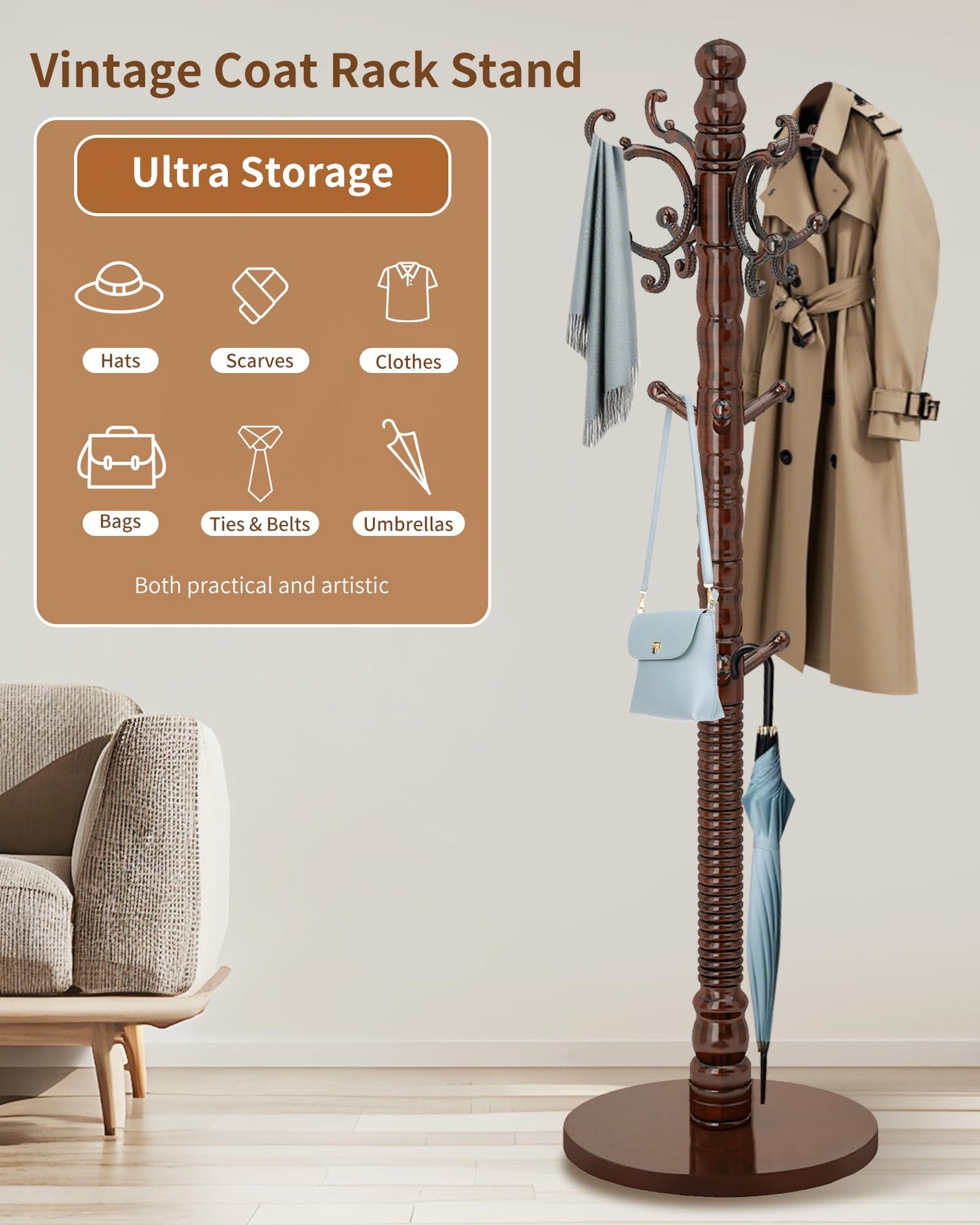 EZIVIEV Wooden Coat Rack Stand, Solid Wood Freestanding Coat Rack, Vintage Coat Racks with 14 Hooks & Disc Base, Standing Coat Hanger Jacket Tree Stand for Office, Entryway, Hallway
