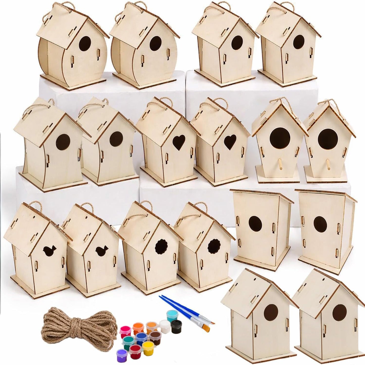Bird House Kit, Wooden Bird Houses Craft Kits for Kids, 18 PCS DIY Painting Set with Paint Brushes Rope, Arts and Crafts for Kids Ages 6-12