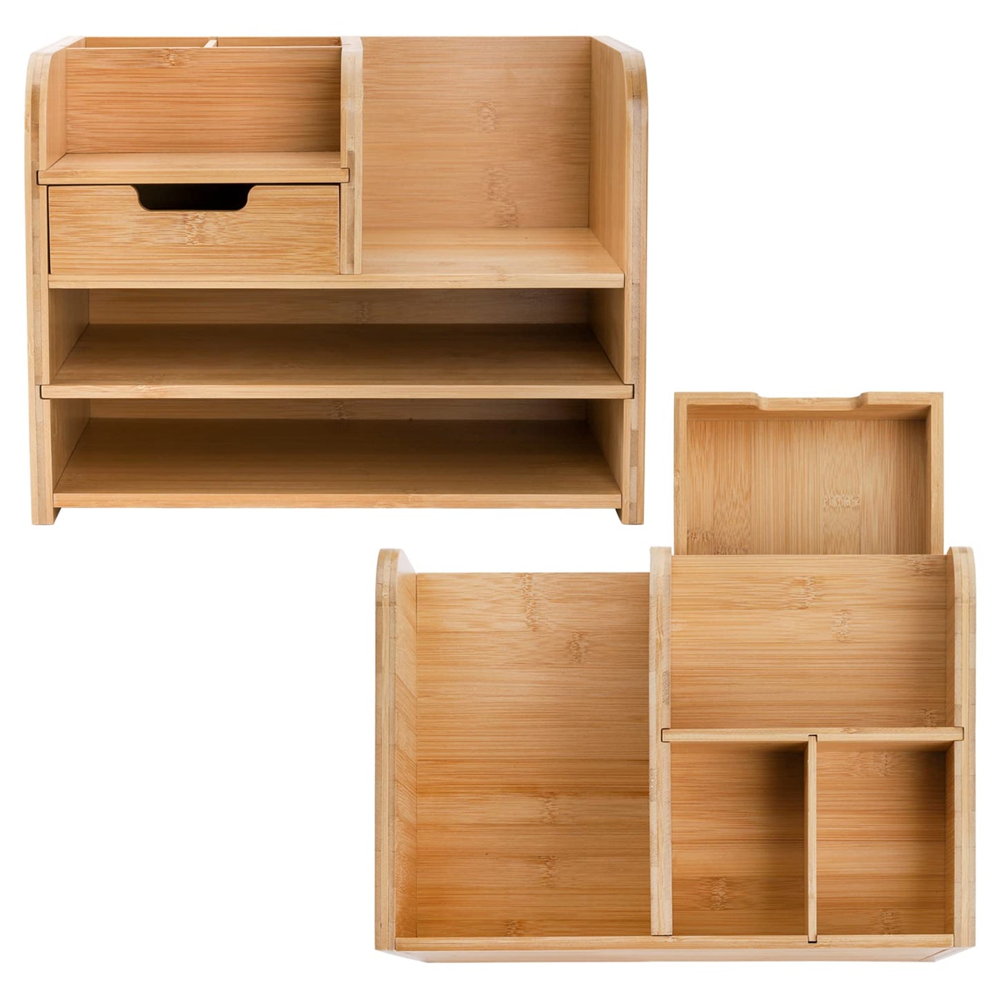 Frcctre Bamboo Desktop Organizer with Drawer, 3 Tier Wooden Desk File Document Organizer with Pen Holder, Tabletop Stationery Storage Organizer Storage Rack for Desk Accessories, Office Supplies
