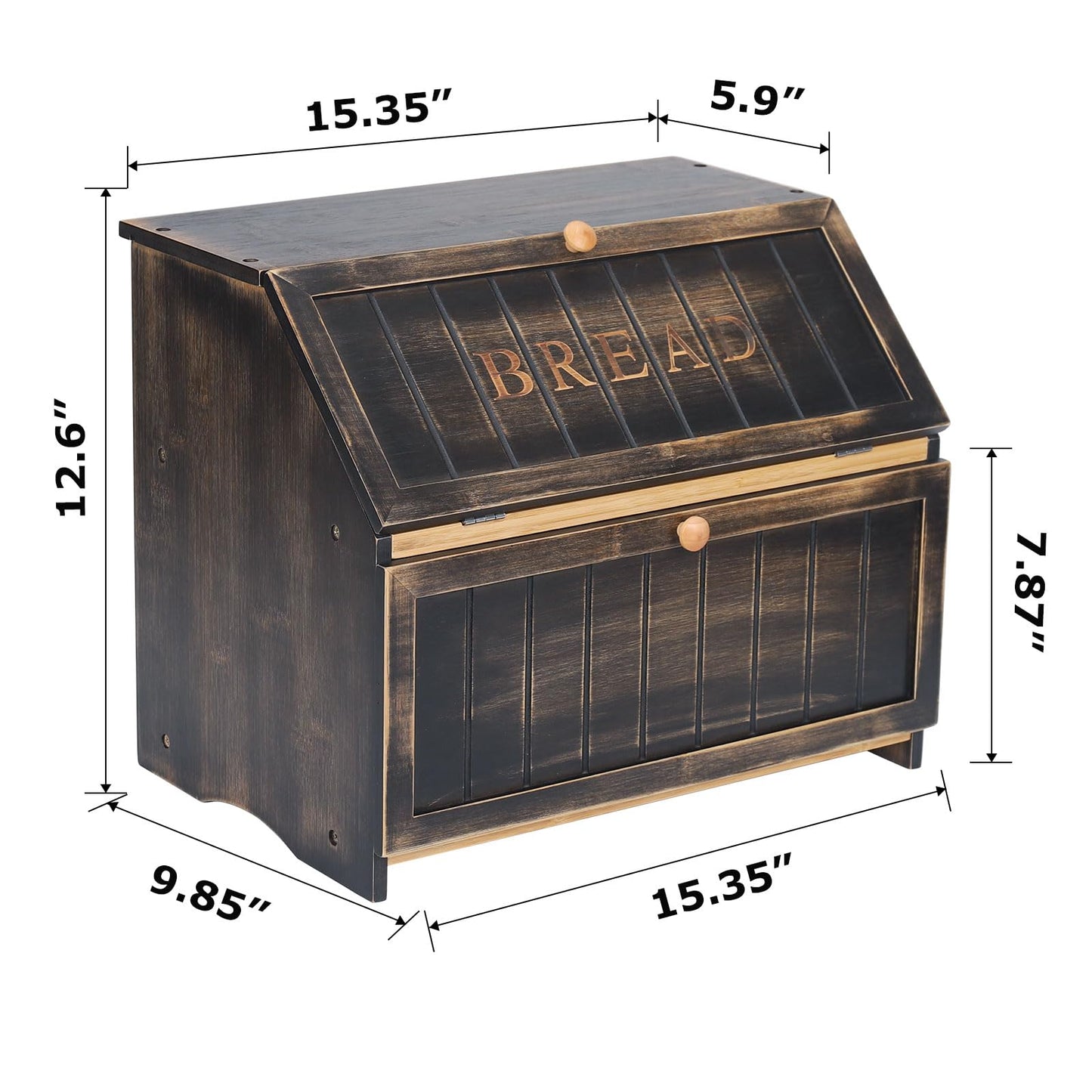 HOMEKOKO Double Layer Large Bread Box for Kitchen Counter, Retro Design Wooden Large Capacity Bread Storage Bin (Vintage Black)