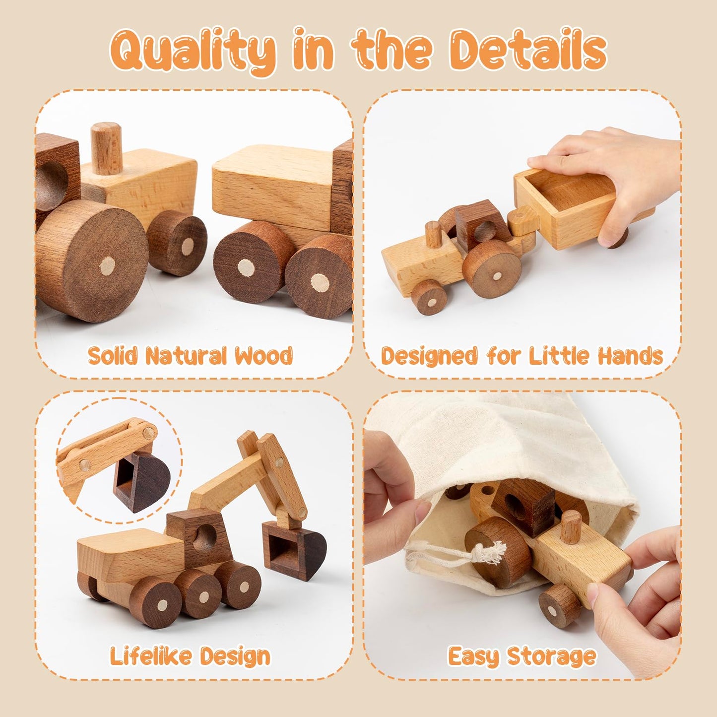 kienvy Wooden Toy Cars for 3 Year Old Boys & Girls - Construction Vehicles Set Push Toys for Toddlers, Wood Montessori Car with Rolling Wheels, Natural Wood Toys (Excavator & Tractor)
