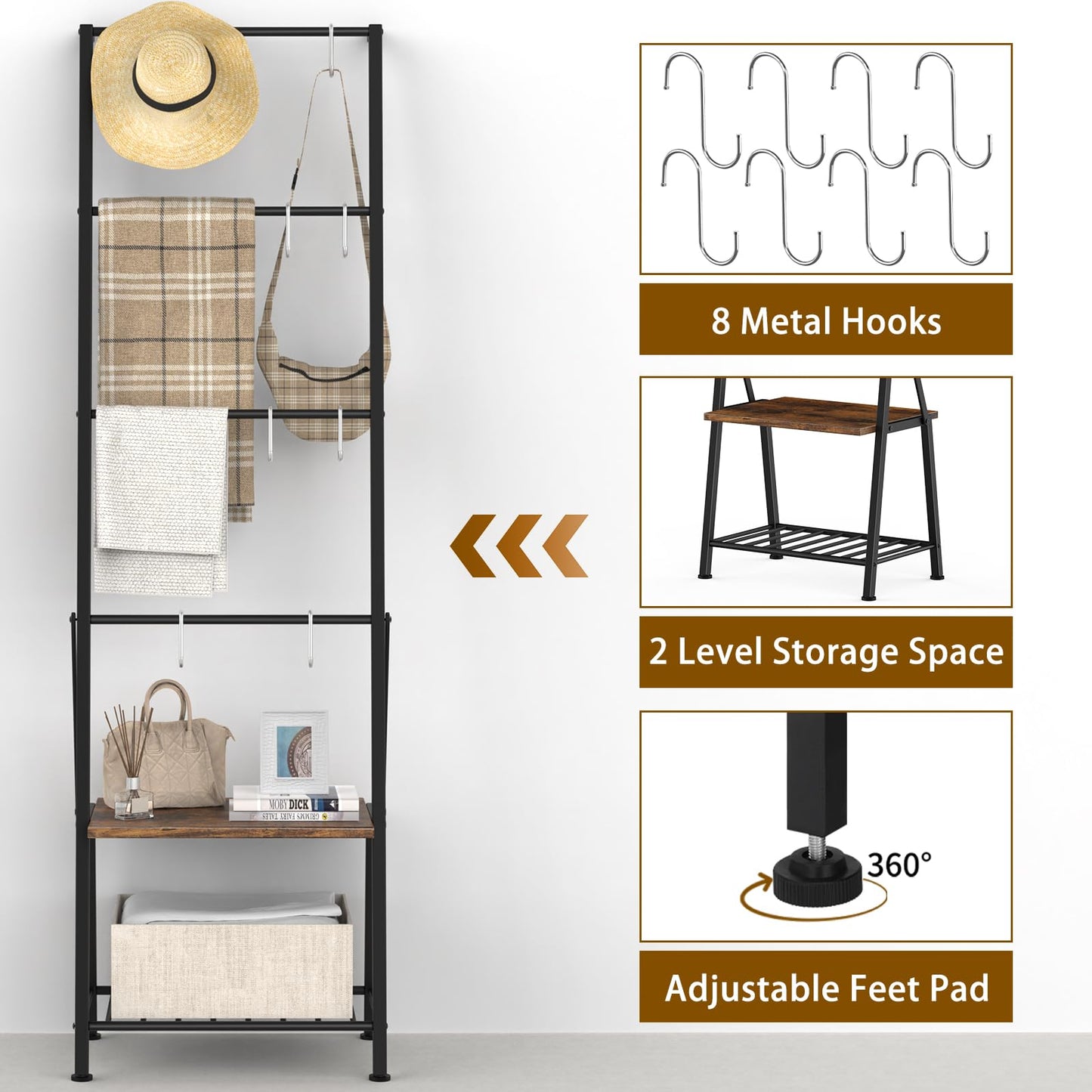 CADUKE Blanket Ladders for the Living Room, 6-Tier Rustic Blanket Rack Decorative Stand, Quilt Display Holder, Freestanding Towel Rack with Metal Frame, Wooden Shelf & 8 Hooks for Bedroom Bathroom
