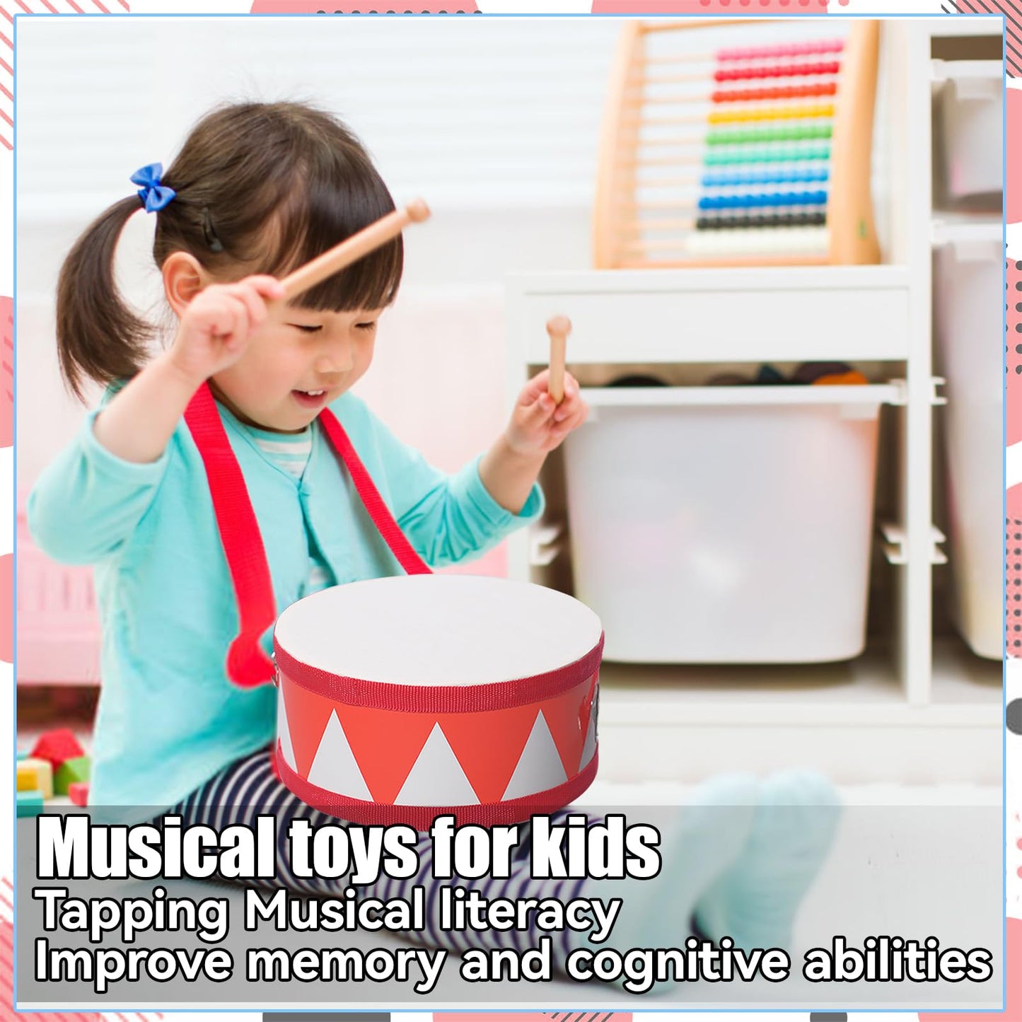 TANEMUDO 4 Pcs Drum Set for Kids 8 Inch Toddler Toy Drum 10 Drumsticks with Adjustable Strap Wooden Drum Educational Musical Instrument Toys Sensory Musical Instrument Drum for Toddler Girls Boys