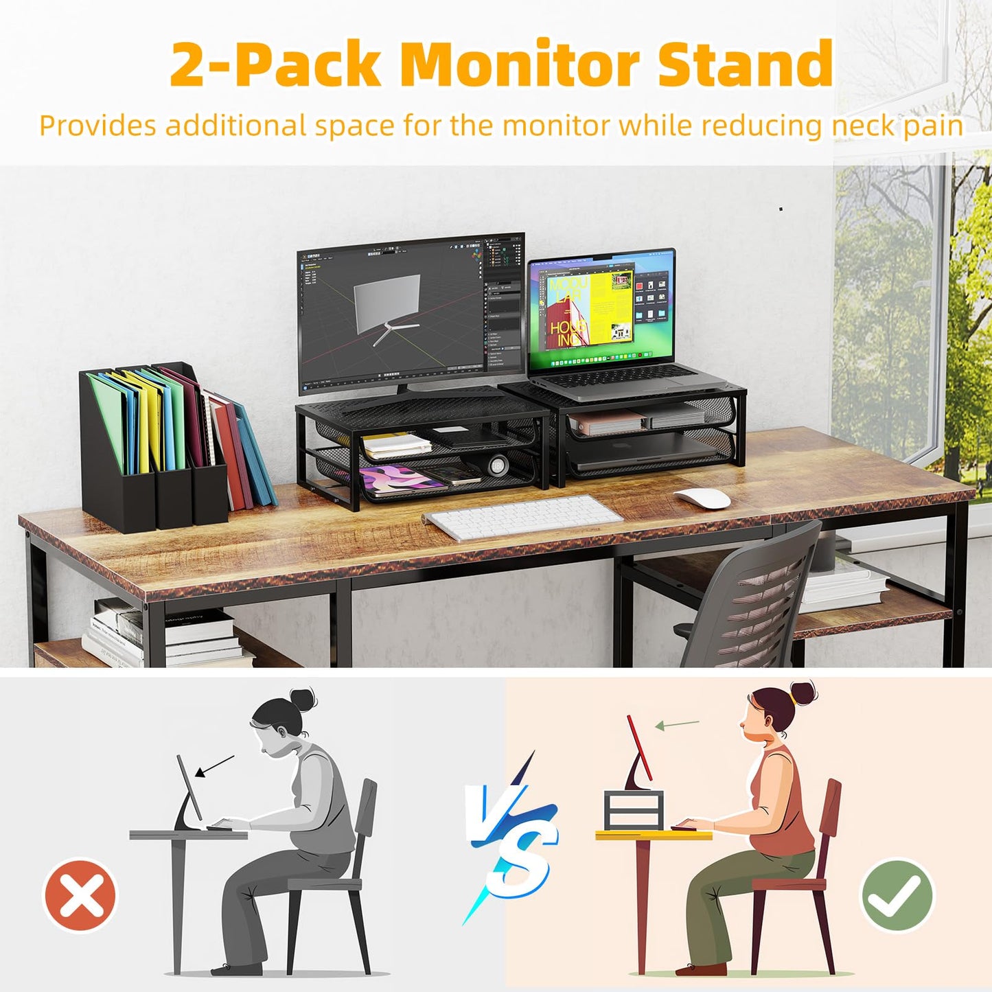 Ekisemio 2-Pack 2-Tier Monitor Stand Riser with Drawer, Metal Computer Desk Organizer for Home Office, Black