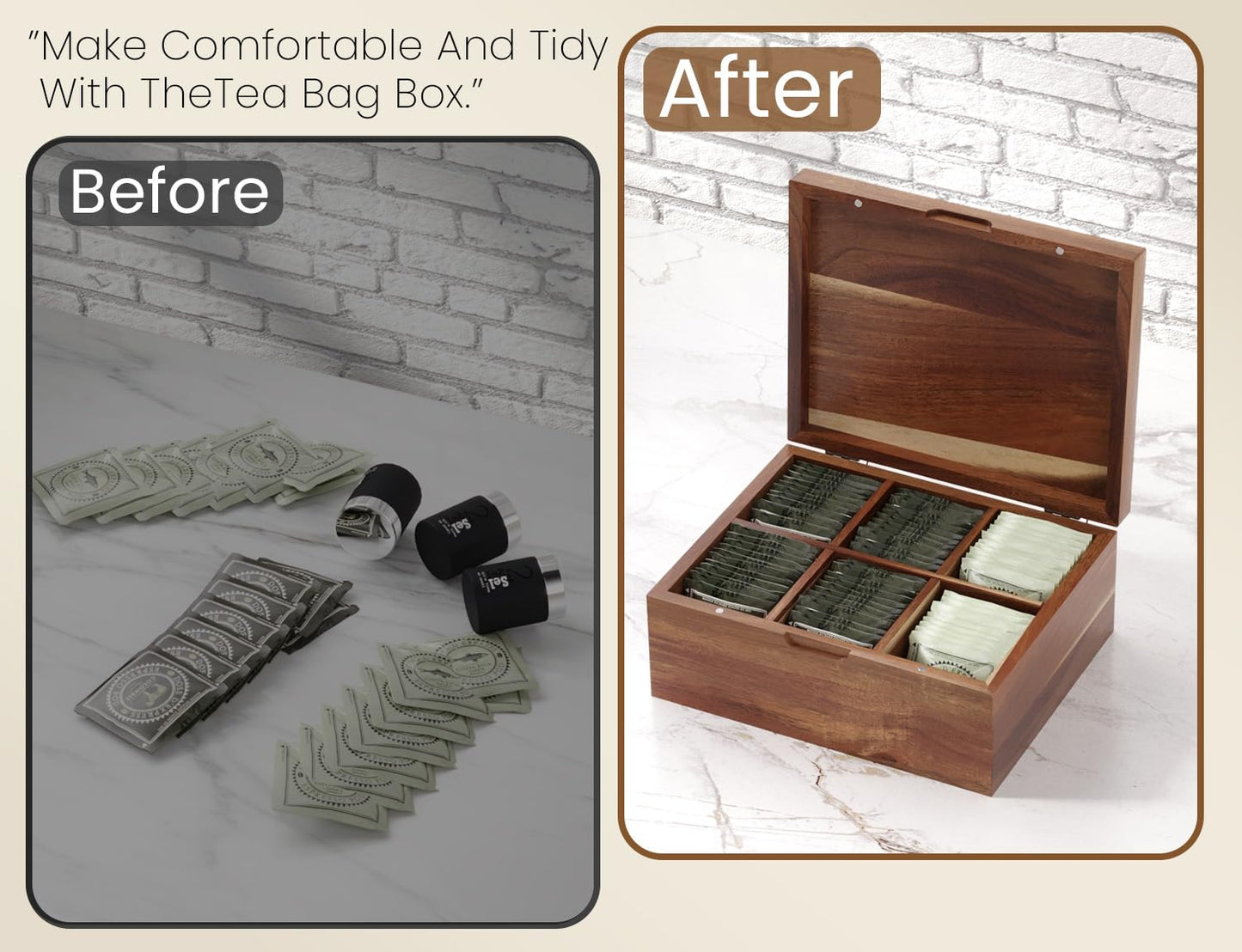 Danfoxer Acacia Wood Tea Bag Organizers, Tea and Sugar Packet Storage Chest with Lid, Wooden Teabag Holder Containers,Storage Box Teabox with 6 Compartments