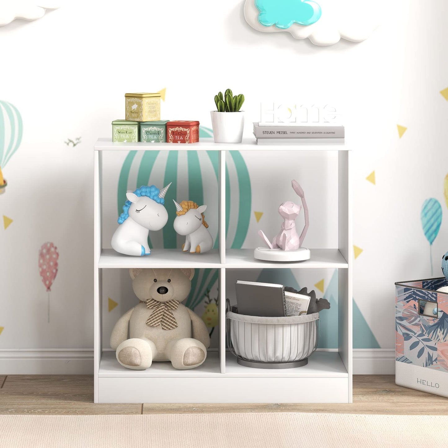 Costzon Toy Organizers and Storage, Wooden White 4-Cube Kids Bookcase for Books Toys Display Organization, Toddler Bookshelf for Bedroom, Living Room, Nursery, Playroom