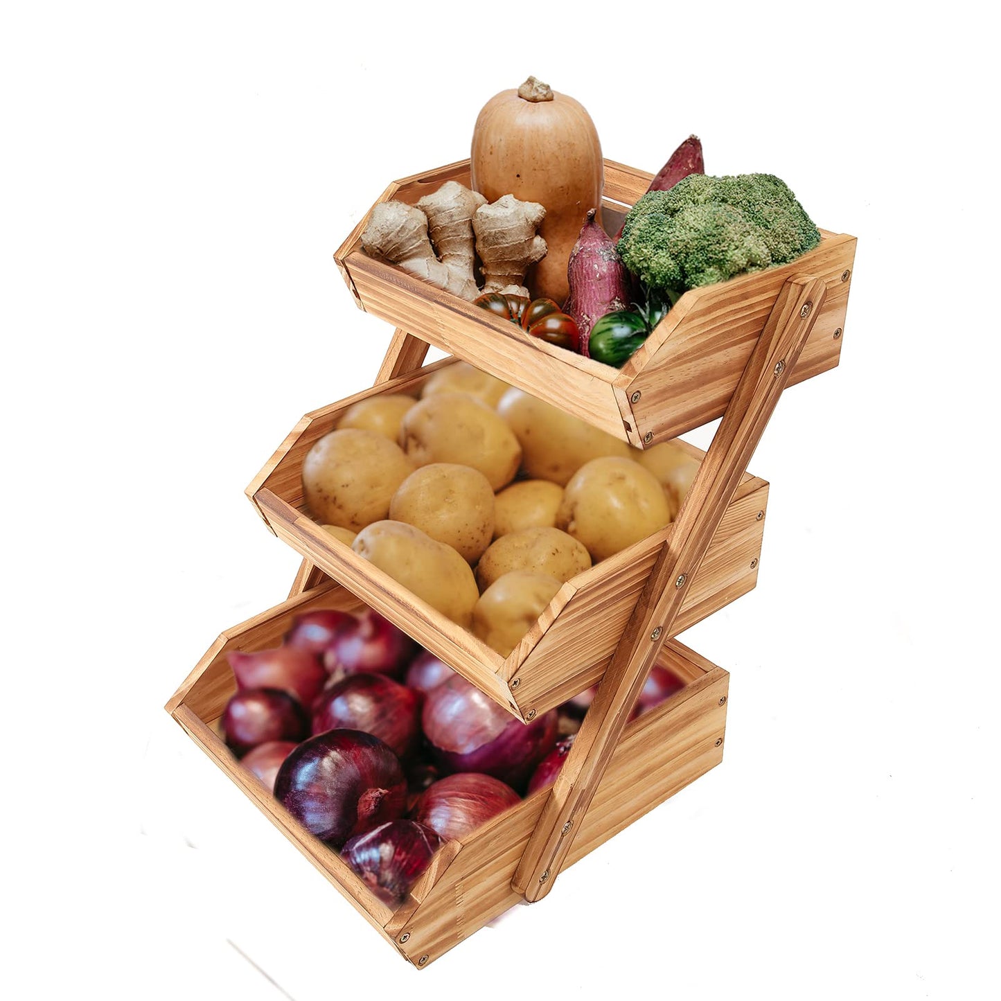 Merysen 3-Tier Wooden Fruit Basket For Kitchen Countertop, Bread Vegetable Basket Bowl Stand, Large