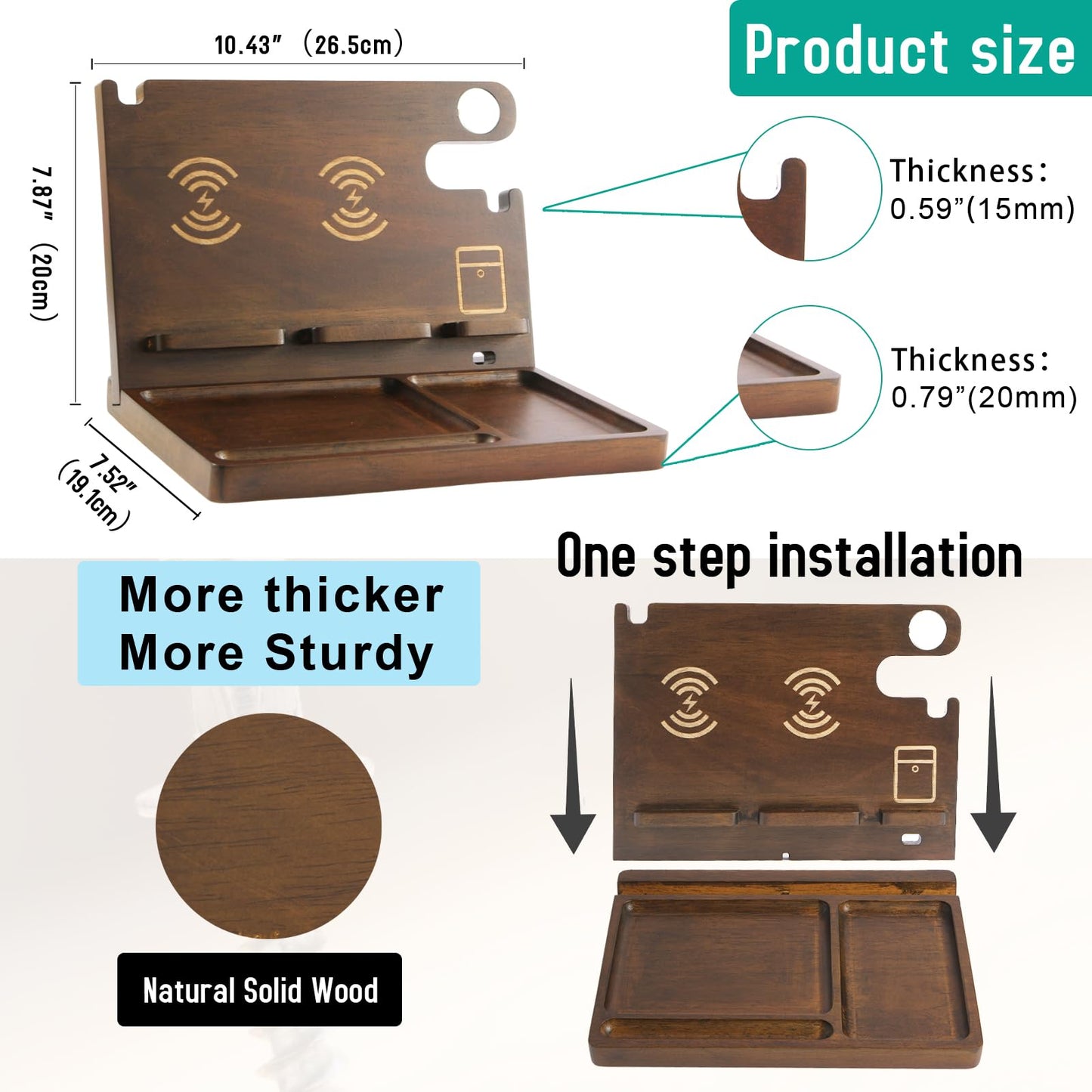 Xunhomon Wood Phone Docking Station Nightstand Organizer for Men 27W 2 Phone Wireless Charging Station with 4 Wireless Charger Stand for iPhone Apple Watch AirPod Mens Birthday Gift Ideas Key Holder