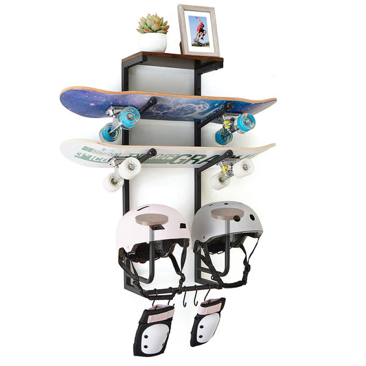 Skateboard Wall Mount Rack with Wood Shelf — 2-Board Display Hanger for Longboard & Skateboard Deck, 2 Round Wooden Helmet Holders & 5 Hooks, Steel & Wood, Home Bedroom Garage Organizer (Black)