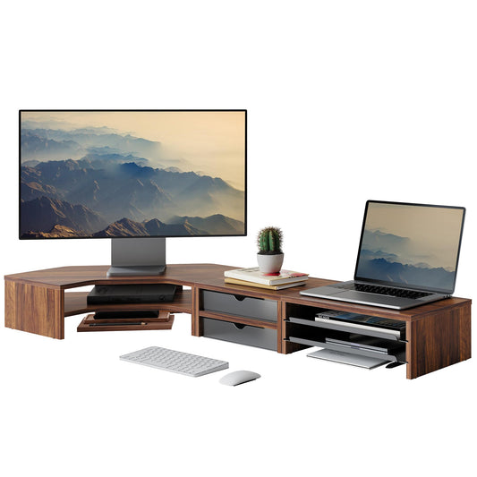 Fenge Dual Monitor Stand, Corner Monitor shelf with Drawer and Slide-Out Tray, 2 Tier Triangle Monitor Riser with Storage, Desk Shelf Organizer for Desk, Home Office, Computer, Laptop, Printer