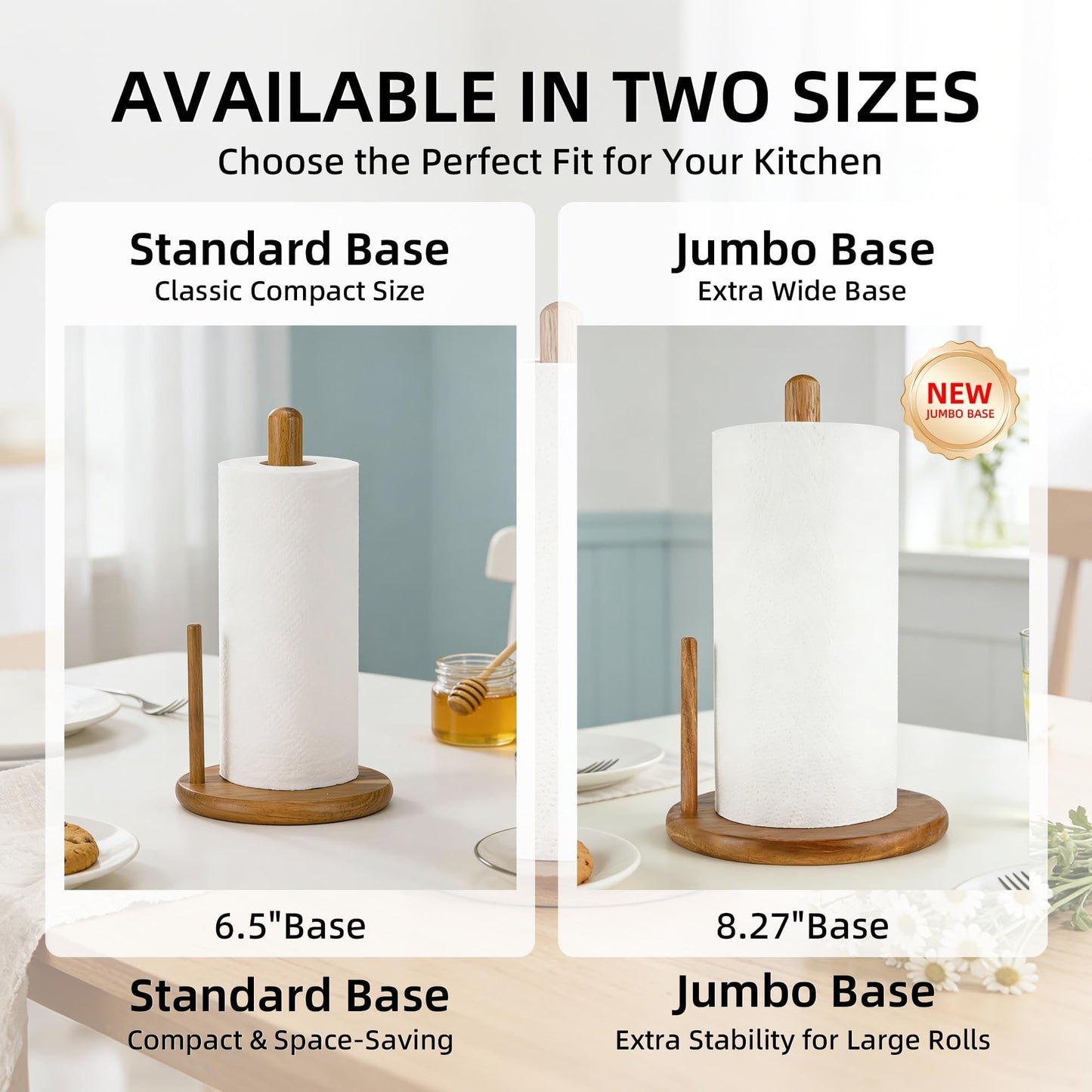 Jumbo Acacia Wood Paper Towel Holder – Large 8.27" Diameter Non-Slip Base, Countertop Wooden Paper Towel Holder for Kitchen, Dining, Coffee Bar, Thick & Stable, Easy Assembly, Natural Wood Finish
