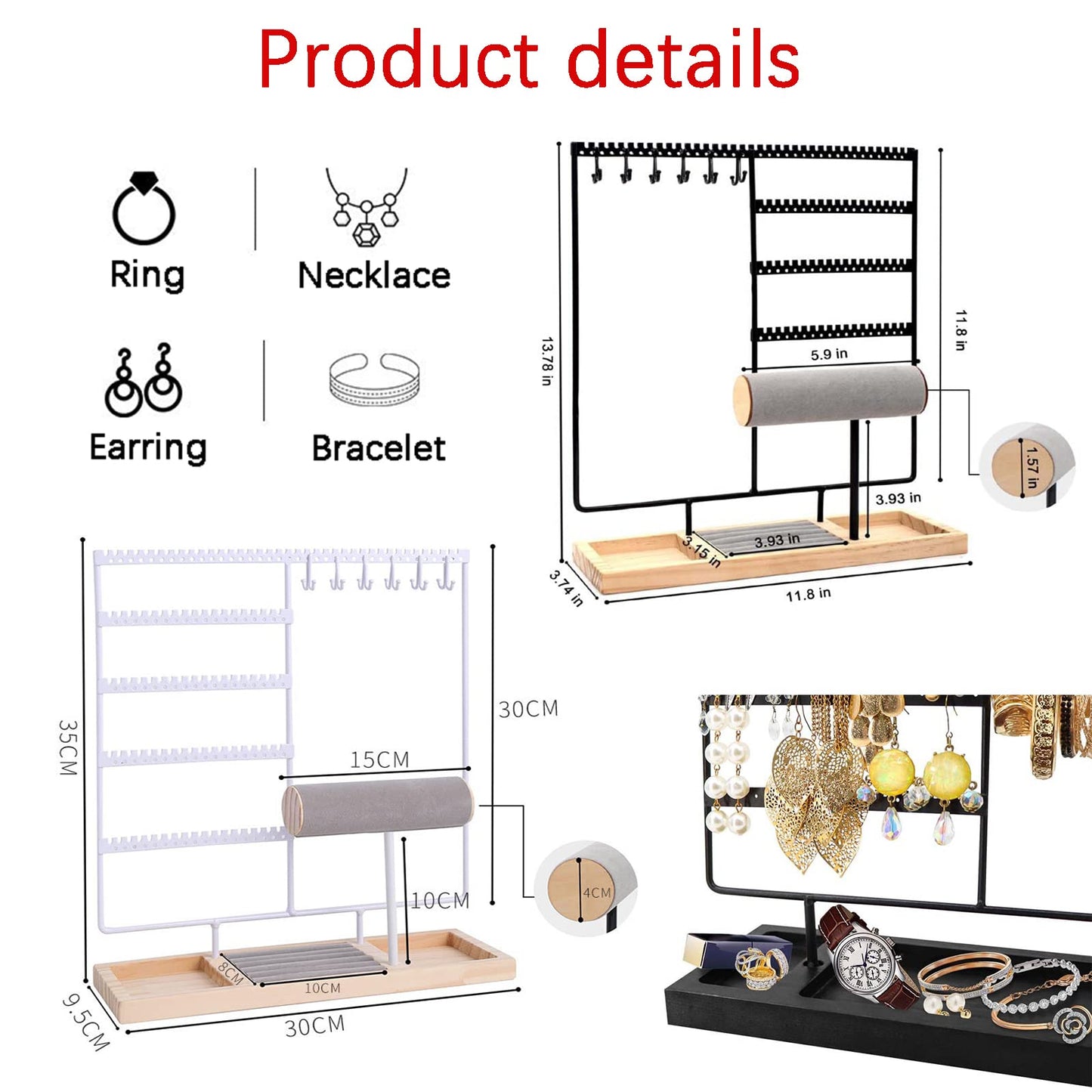 HINIHAO Earring Holder,5-Tier Ear Stud Holder with Wooden Tray, Jewelry Tower Rack with 108 Holes, 12 Hooks Necklaces Hanging, for Bracelets Earrings Rings Watches (Black)