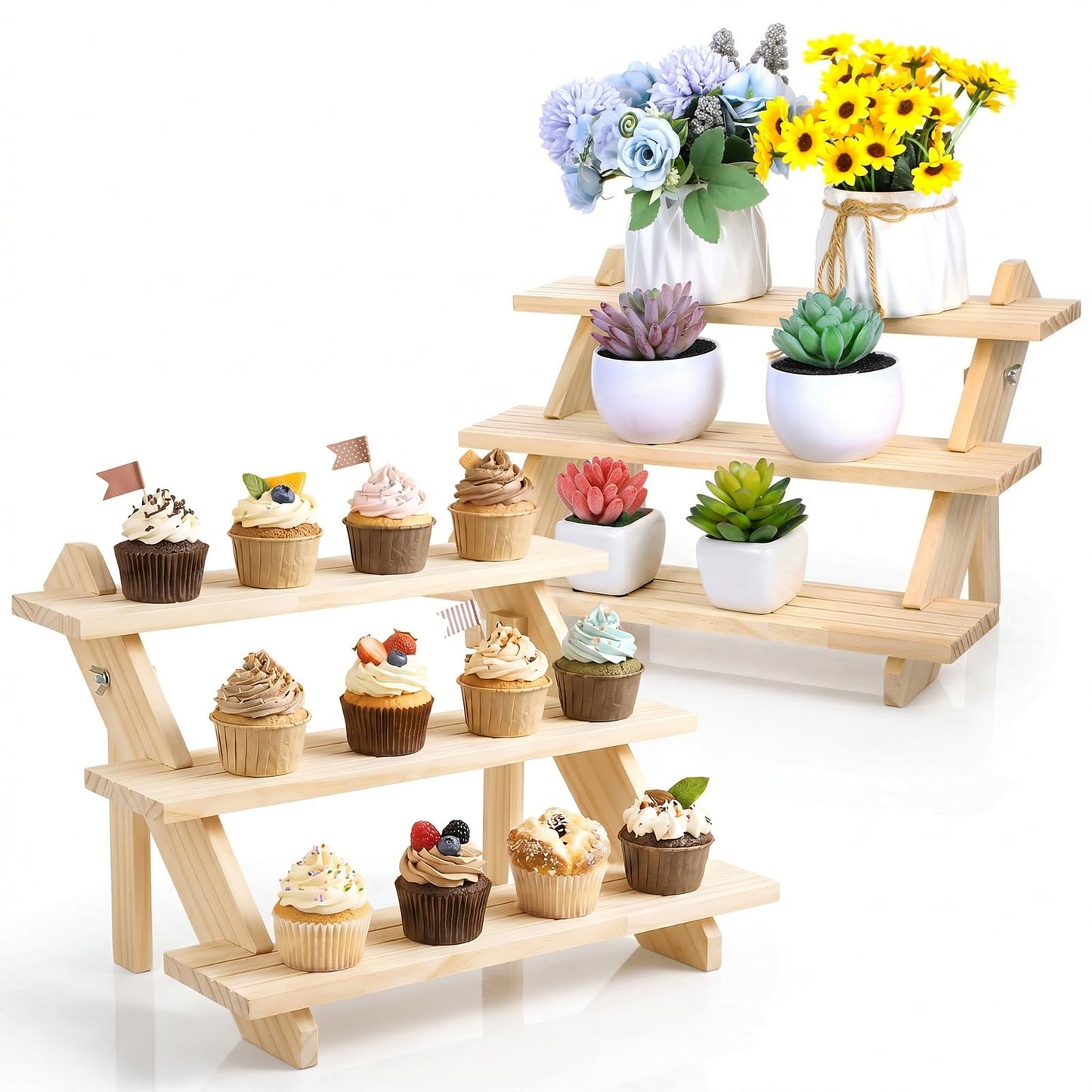 kuyeyzu 2 Pack 3 Tier Wooden Riser, Earring Display for Vendors - Solid Wood Tiered Stand with Groove for Jewelry Cards, Cupcakes, Party Desserts, Retail Booth & Farmers Market
