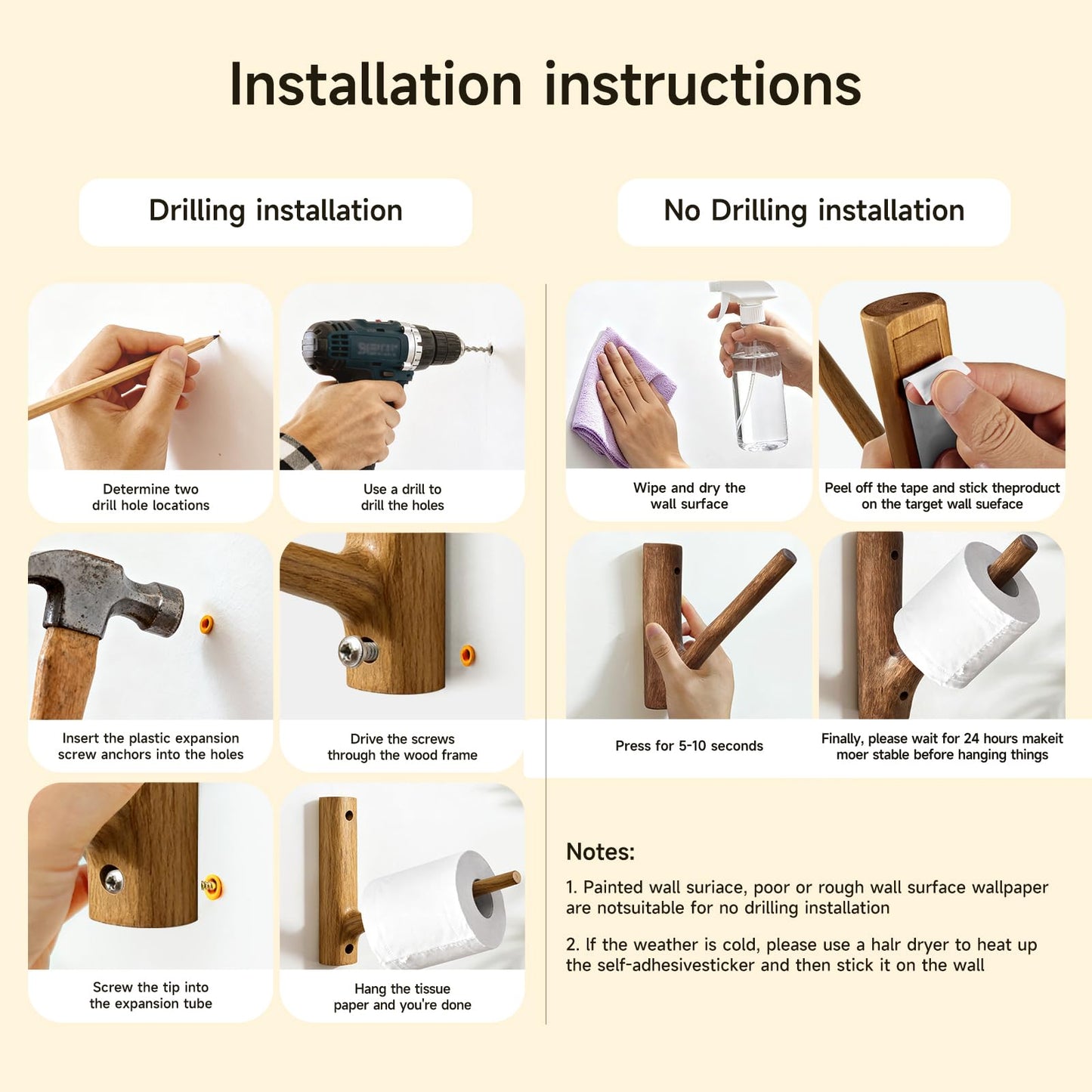Wooden Toilet Paper Holder Wall Mount - Self-Adhesive Bathroom Tissue Holder, Retro Bohemian Farmhouse Style, No Drilling for Small Spaces Bathrooms RVs and More - Walnut Color