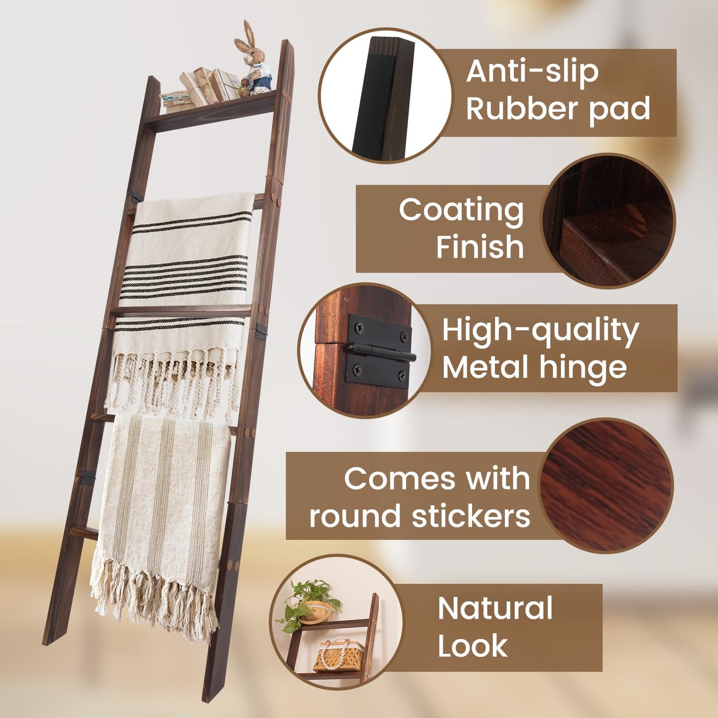HYBDAMAI Blanket Ladder, 5-Tier Wooden Quilt Stand, Decorative Ladder Shelf, Leaning Shelf, Wall Leaning Blanket Ladder Towel Storage Rack for Living Room (Brown)