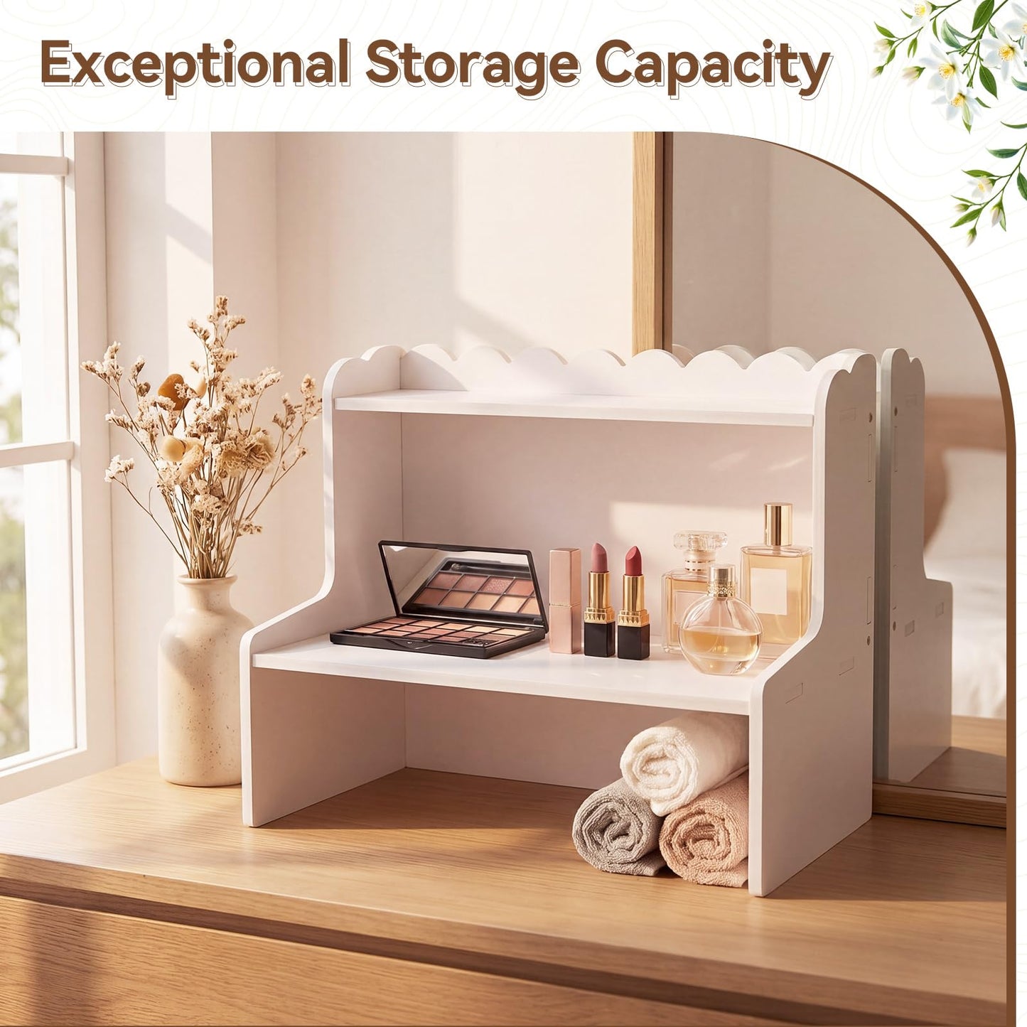 Amyhill Wooden Office Desktop Storage, 2-Tier Scalloped Tabletop Organizer Shelf for Cosmetics, Stationery, Office Supplies, Space-Saving Display Rack for Bedroom, Dorm