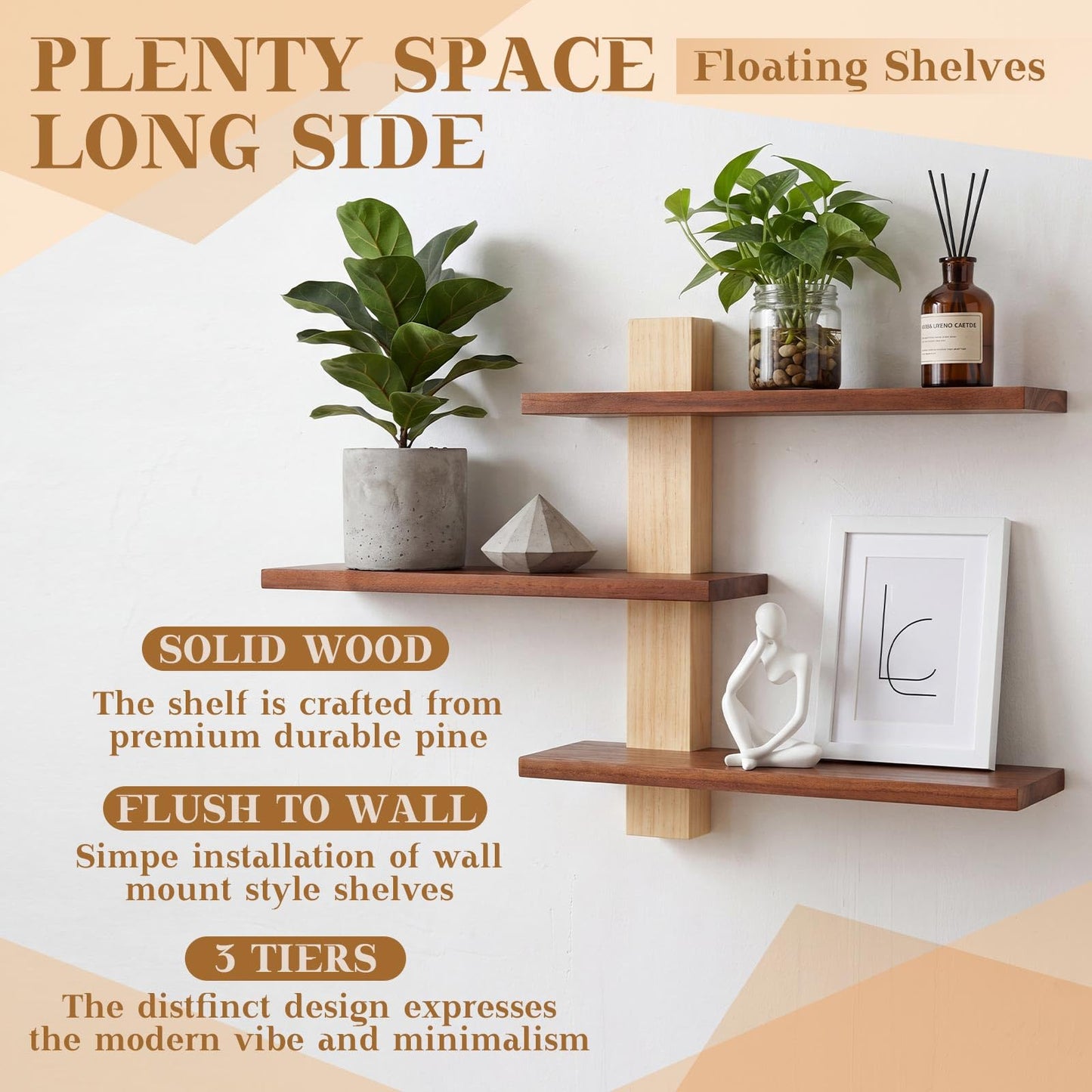 Pinkunn 2 Pack Wood 3 Tier Floating Shelf Large Minimalist Wall Shelves Mid Century Modern Furniture Wall Mount Shelf Art Decor Rustic Shelving for Bedroom Living Room Office Home(Natural Wood)