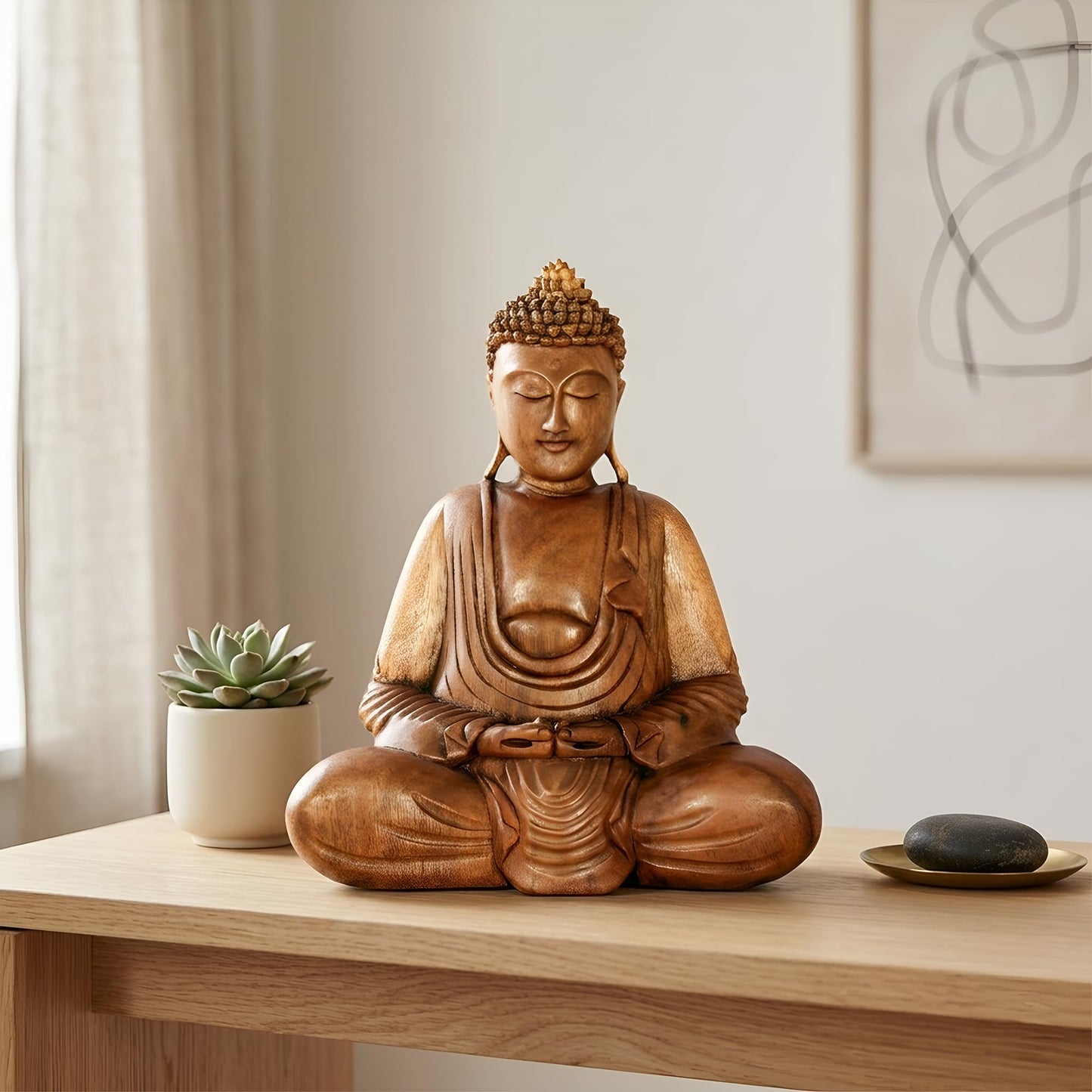 G6 Collection Wooden Serene Sitting Buddha Statue - Handmade Meditating Sculpture - Hand Carved Dhyana Mudra Figurine - Zen Home Decor Accent, Oriental Spiritual Home Room Decoration Gift (8" Tall)